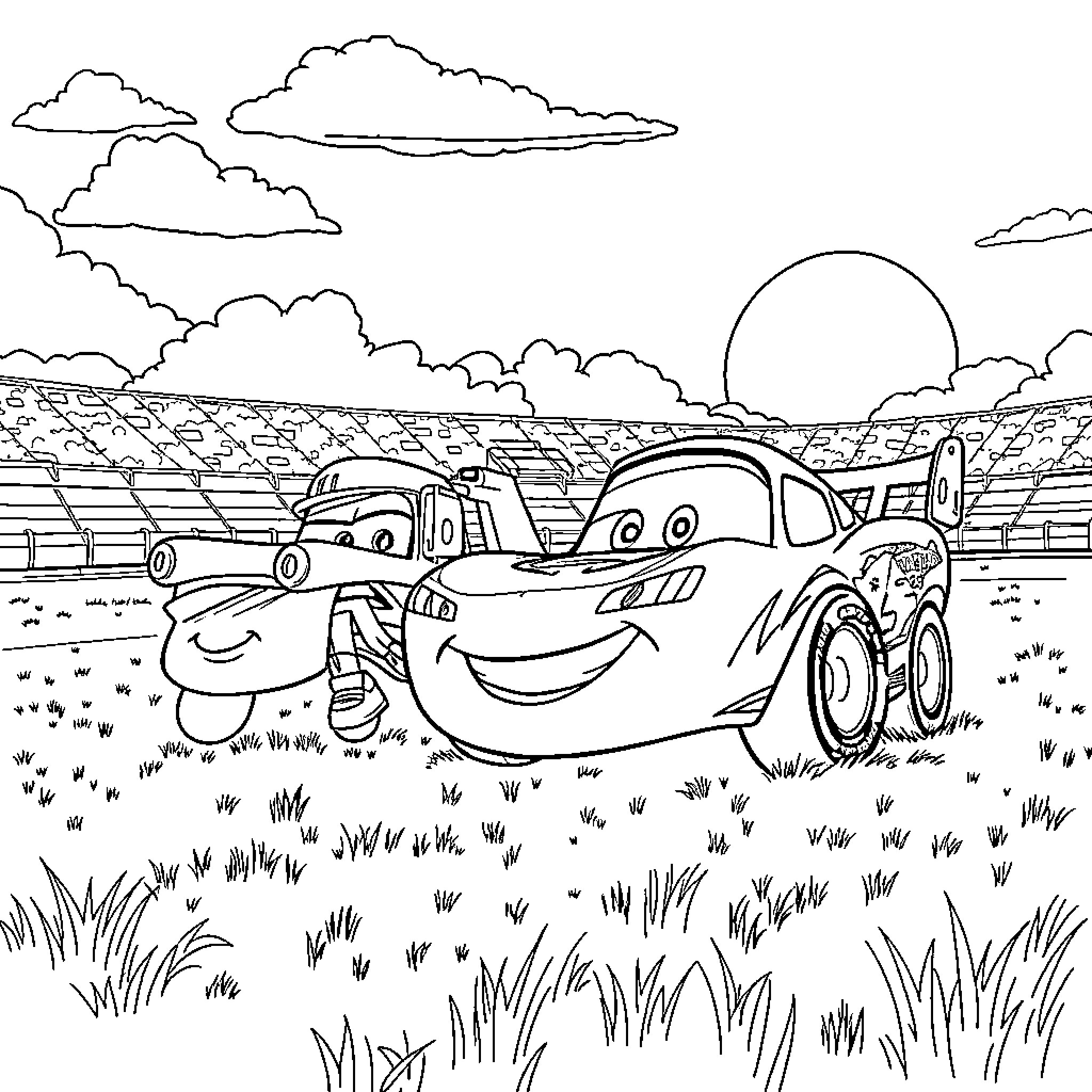 Lightning McQueen's Joyful Race Through the Countryside Coloring Page (free black-and-white line drawing printable PDF for all, from beginners to advanced learners, including children, teens, adults, and seniors)
