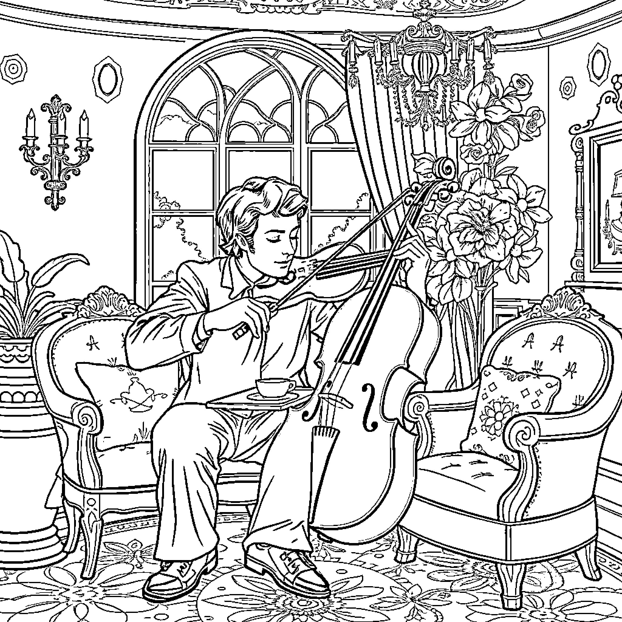 Bluey playing cello in a grand room Coloring Page (free black-and-white line drawing printable PDF for all, from beginners to advanced learners, including children, teens, adults, and seniors)