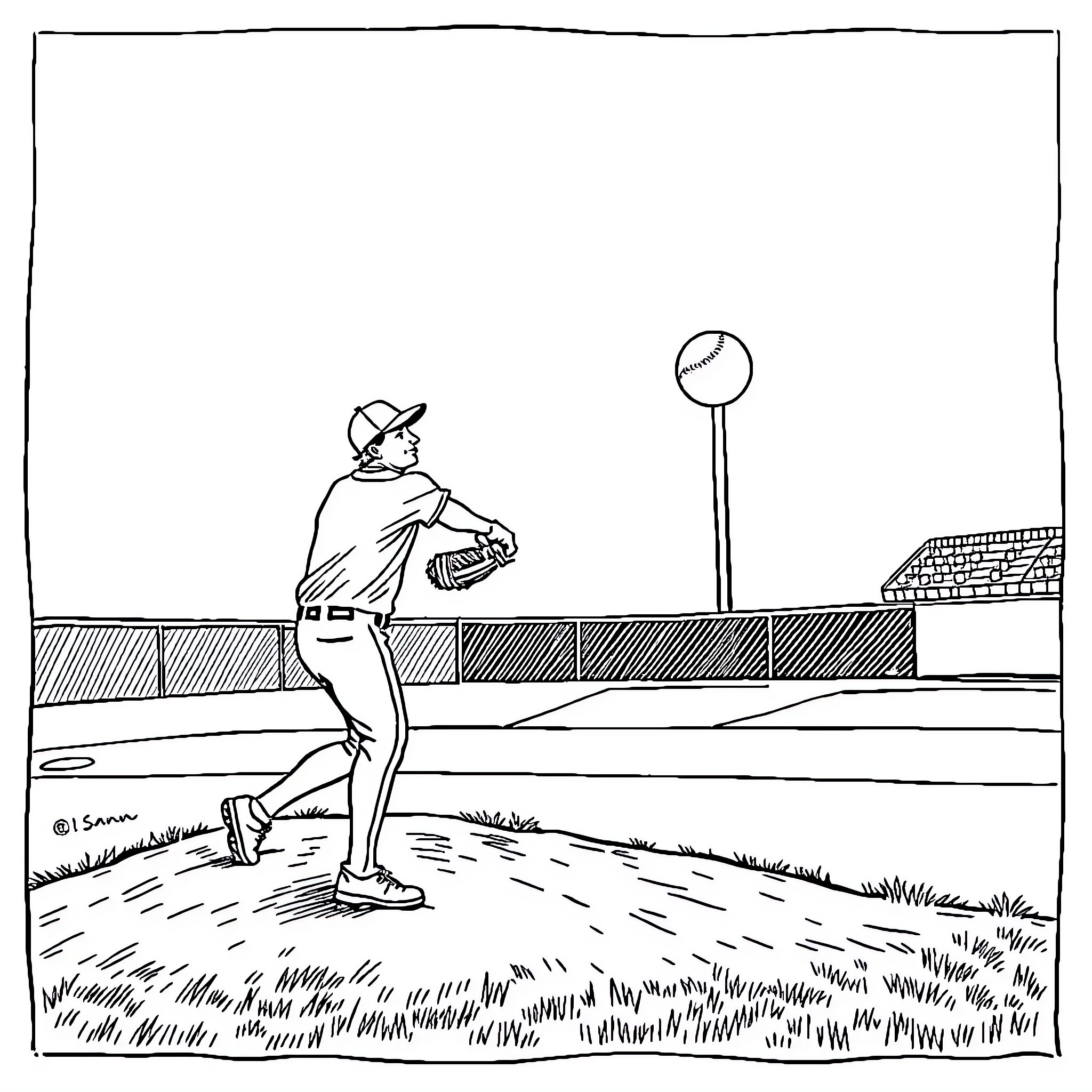 Baseball player preparing to pitch on the field Coloring Page (free black-and-white line drawing printable PDF for all, from beginners to advanced learners, including children, teens, adults, and seniors)