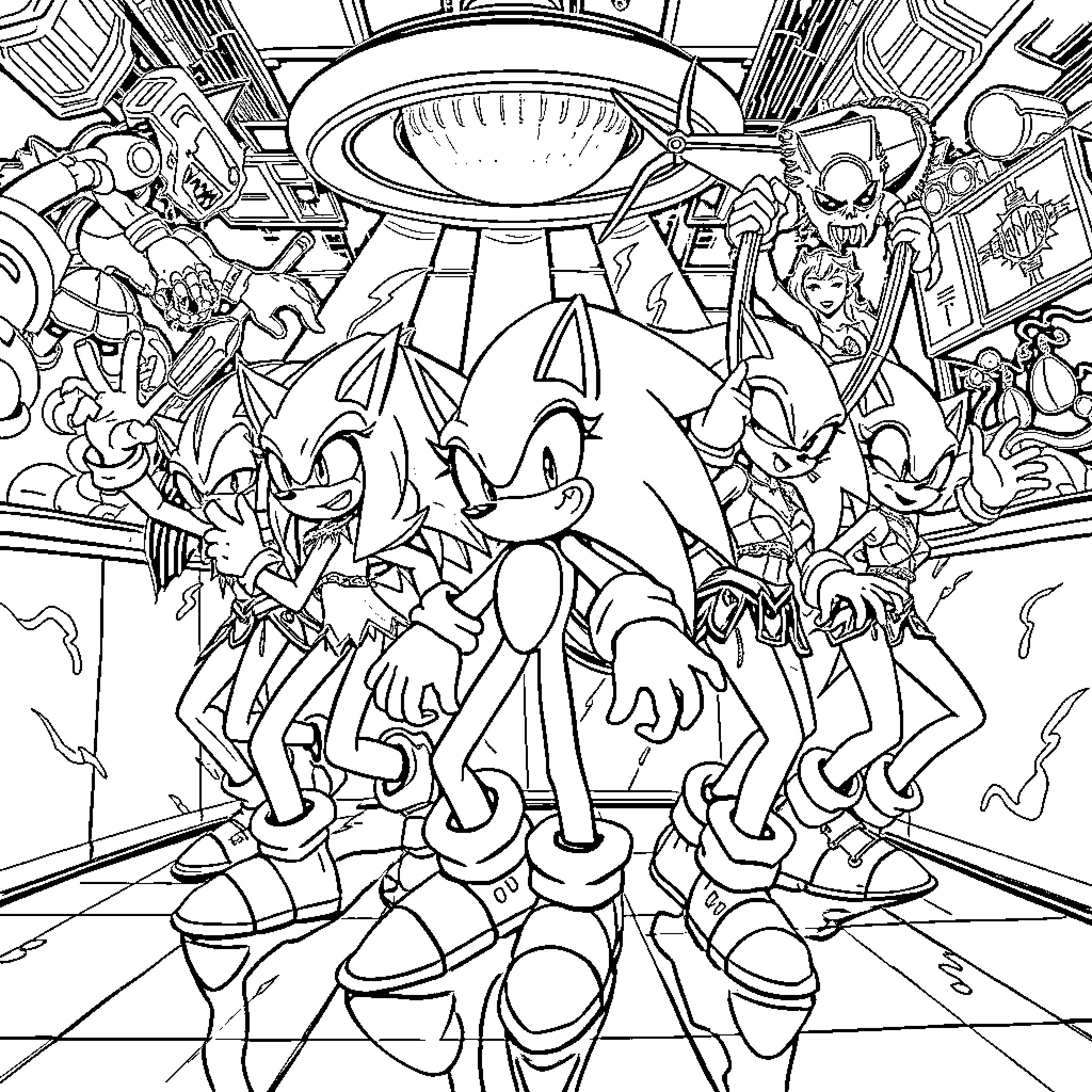 Sonic characters in an action-packed sci-fi scene Coloring Page (free black-and-white line drawing printable PDF for all, from beginners to advanced learners, including children, teens, adults, and seniors)