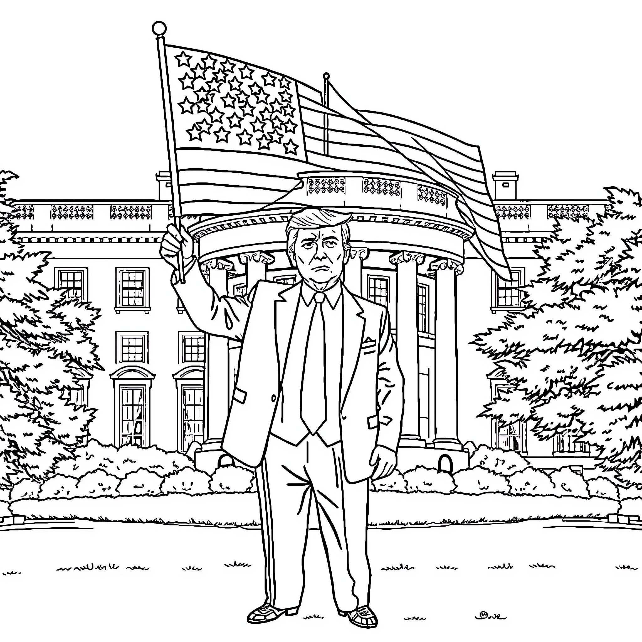 Donald Trump standing in front of the White House with American flag Coloring Page (free black-and-white line drawing printable PDF for all, from beginners to advanced learners, including children, teens, adults, and seniors)