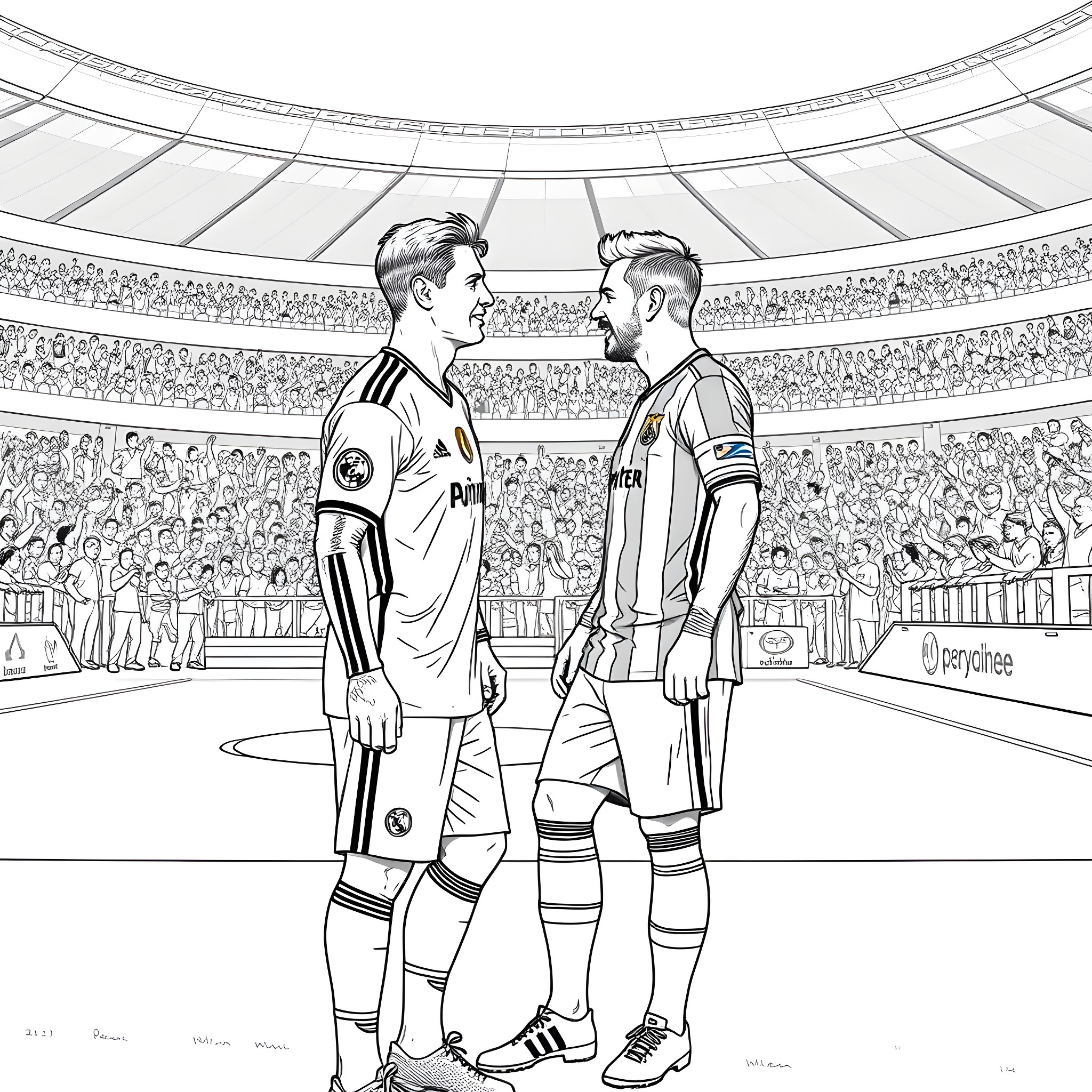 Ronaldo facing off with rival footballer on field Coloring Page (free black-and-white line drawing printable PDF for all, from beginners to advanced learners, including children, teens, adults, and seniors)
