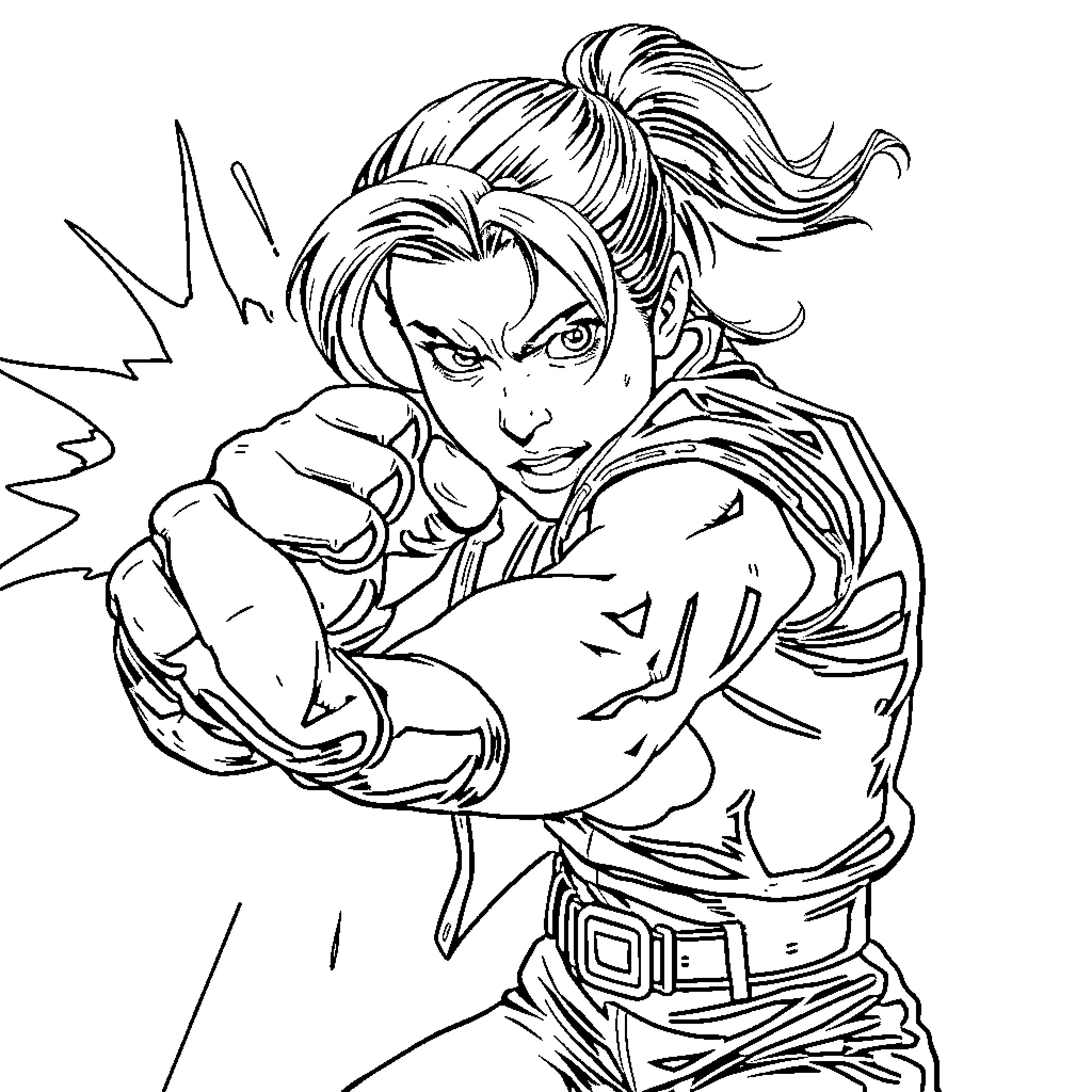 Claire Redfield engaging in heroic action Coloring Page (free black-and-white line drawing printable PDF for all, from beginners to advanced learners, including children, teens, adults, and seniors)
