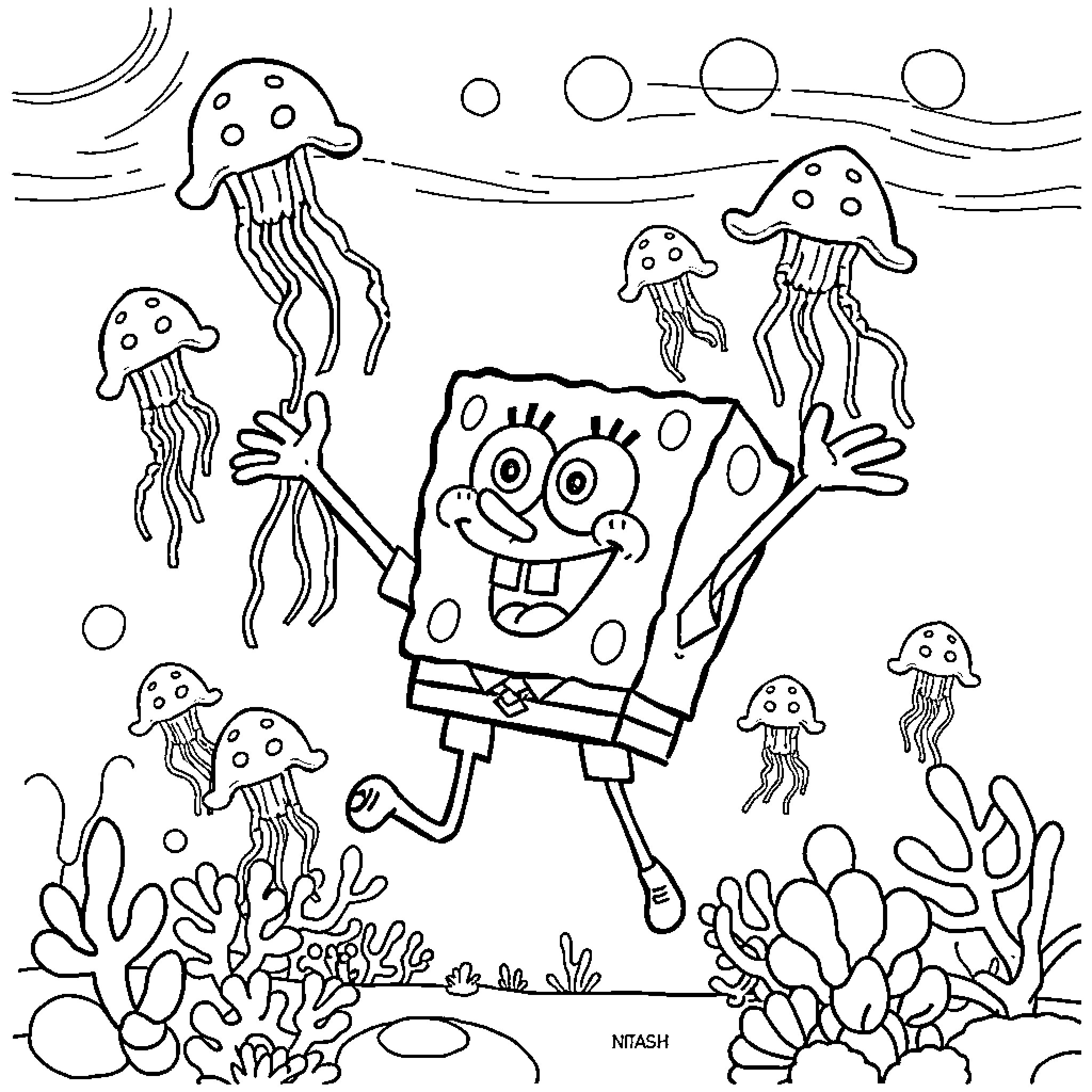 Spongebob frolicking among jellyfish in the deep sea Coloring Page (free black-and-white line drawing printable PDF for all, from beginners to advanced learners, including children, teens, adults, and seniors)