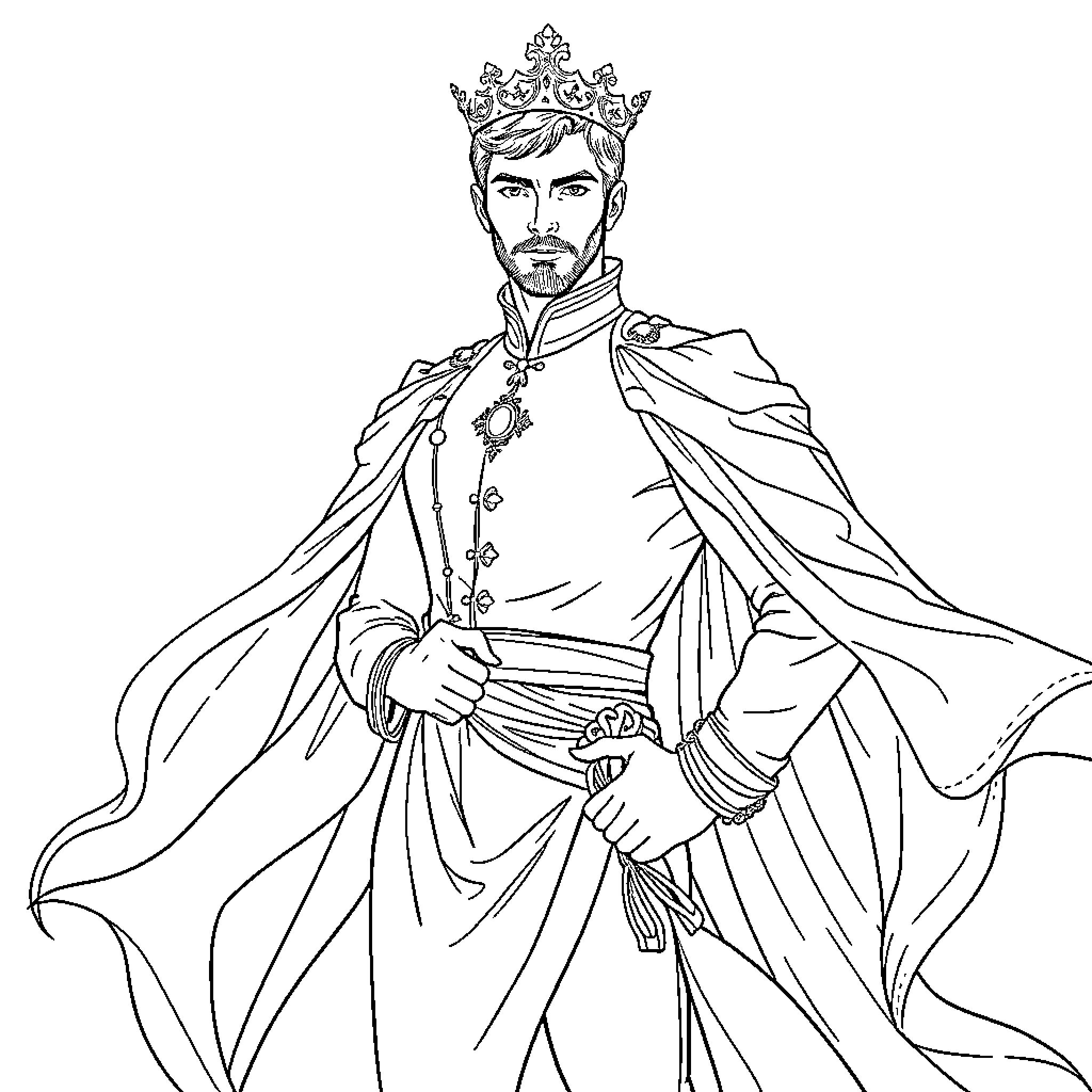 Prince in Majestic Attire and Ornate Crown Coloring Page (free black-and-white line drawing printable PDF for all, from beginners to advanced learners, including children, teens, adults, and seniors)