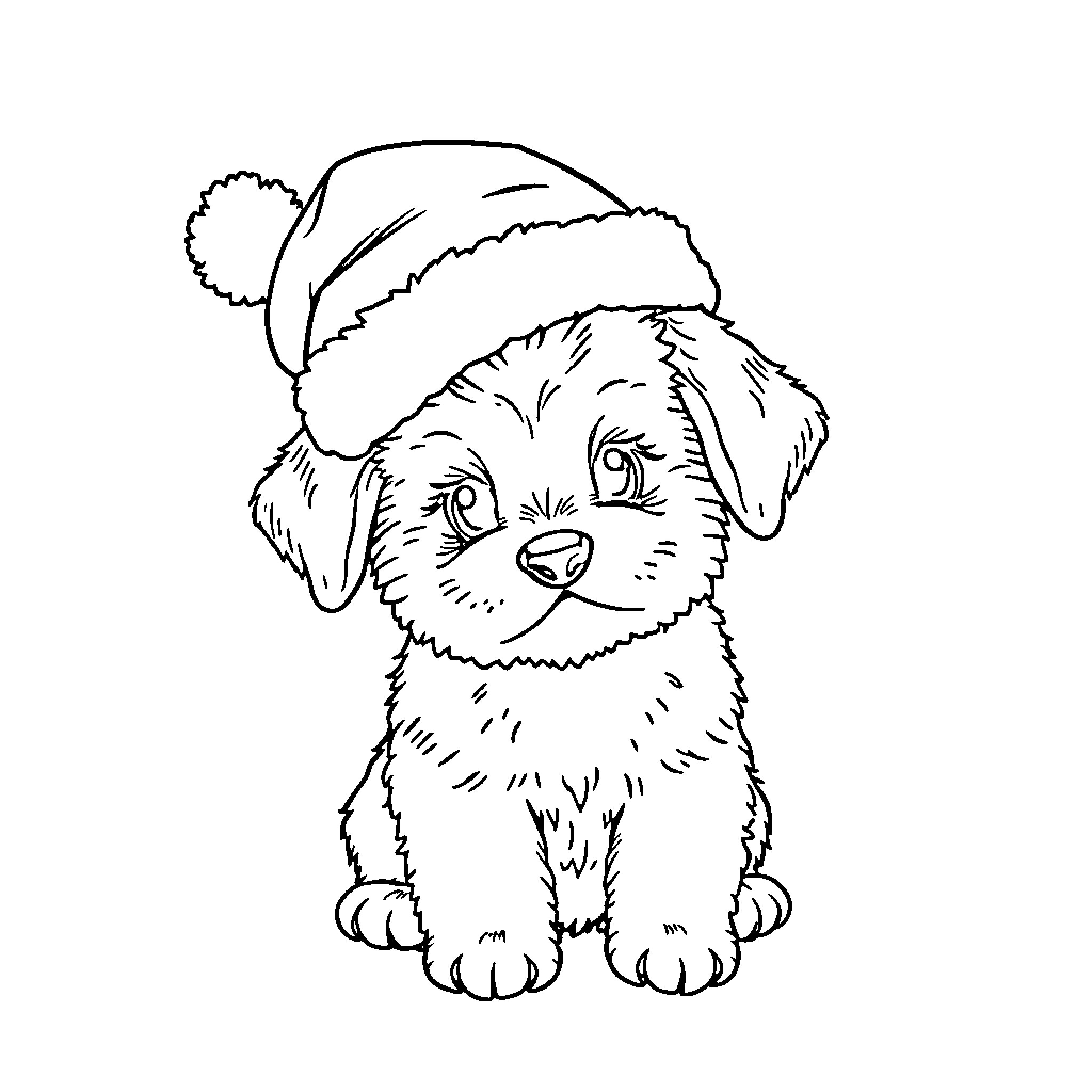 Puppy wearing a festive Santa hat Coloring Page (free black-and-white line drawing printable PDF for all, from beginners to advanced learners, including children, teens, adults, and seniors)