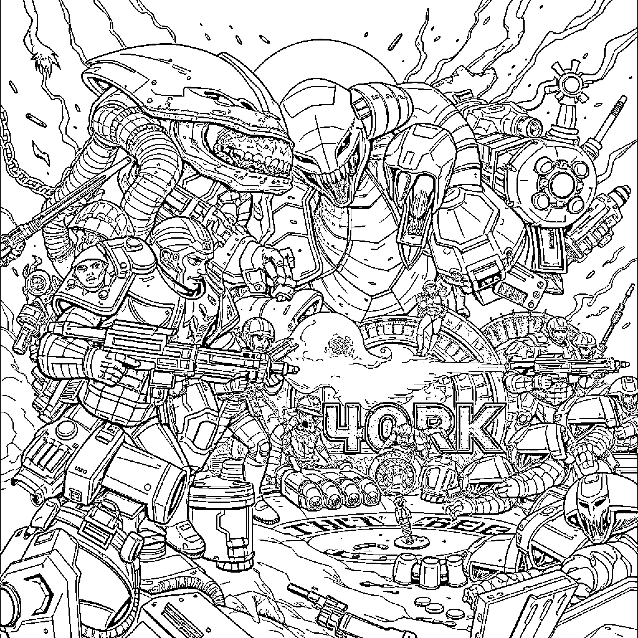 Warhammer 40k: Epic Sci-Fi Battle with Armored Warriors Coloring Page (free black-and-white line drawing printable PDF for all, from beginners to advanced learners, including children, teens, adults, and seniors)