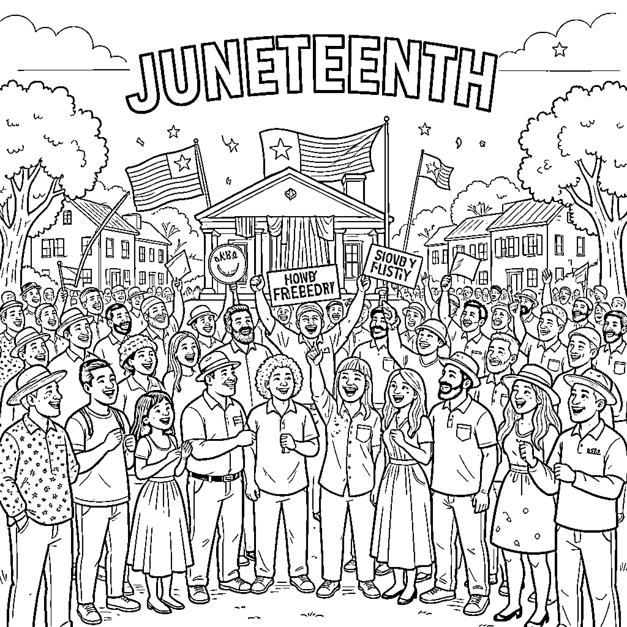 Juneteenth celebration with people cheering and holding signs Coloring Page (free black-and-white line drawing printable PDF for all, from beginners to advanced learners, including children, teens, adults, and seniors)