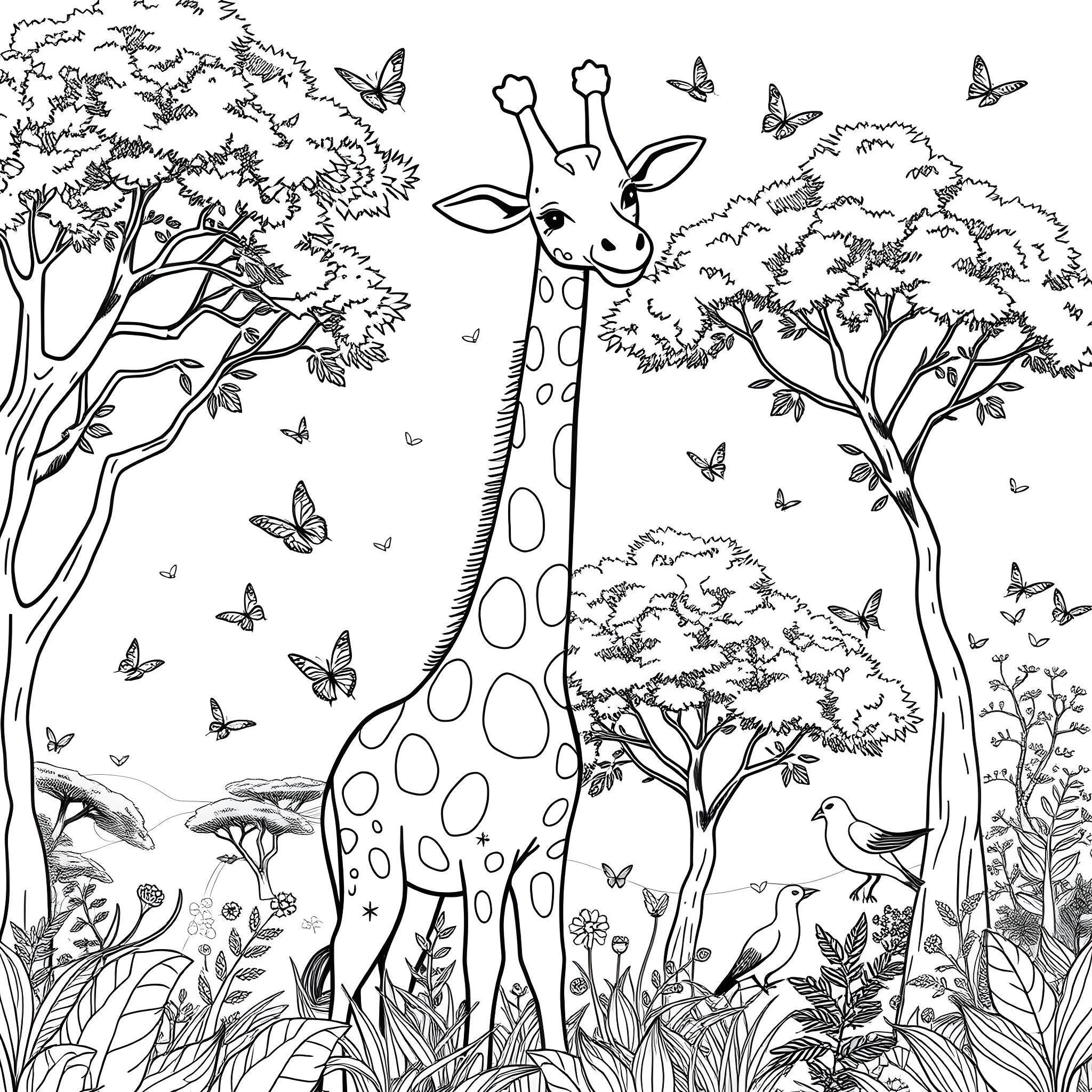 Graffiti of Cheerful Giraffe Surrounded by Nature Coloring Page (free black-and-white line drawing printable PDF for all, from beginners to advanced learners, including children, teens, adults, and seniors)