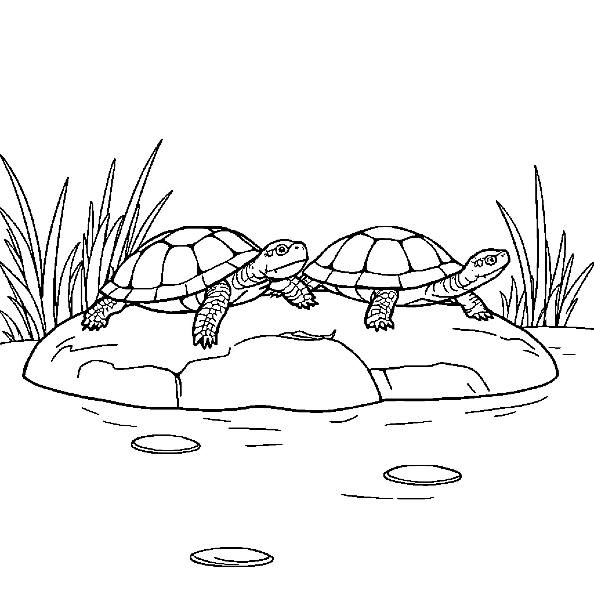 Turtle family swimming in the pond Coloring Page (free black-and-white line drawing printable PDF for all, from beginners to advanced learners, including children, teens, adults, and seniors)