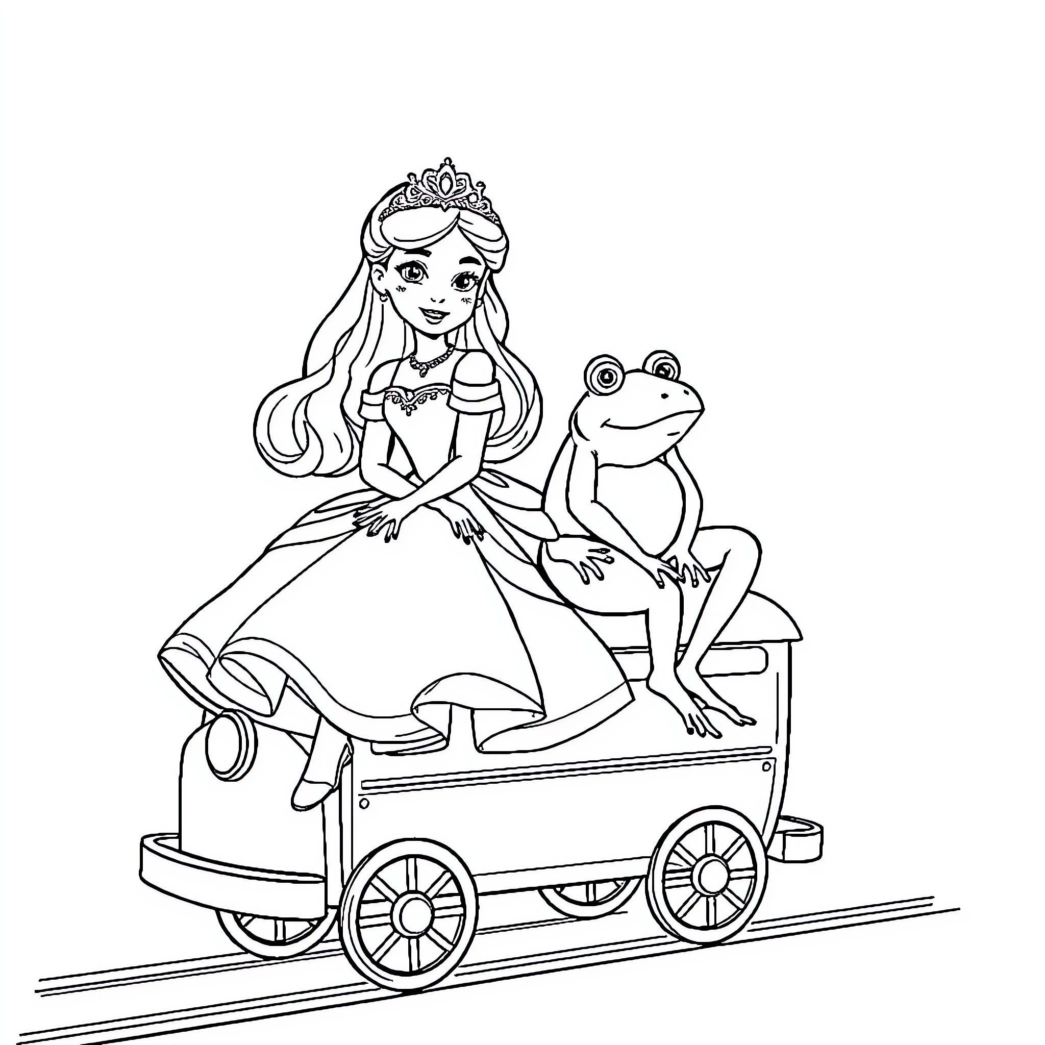 Princess Riding a Whimsical Cart with a Frog Coloring Page (free black-and-white line drawing printable PDF for all, from beginners to advanced learners, including children, teens, adults, and seniors)