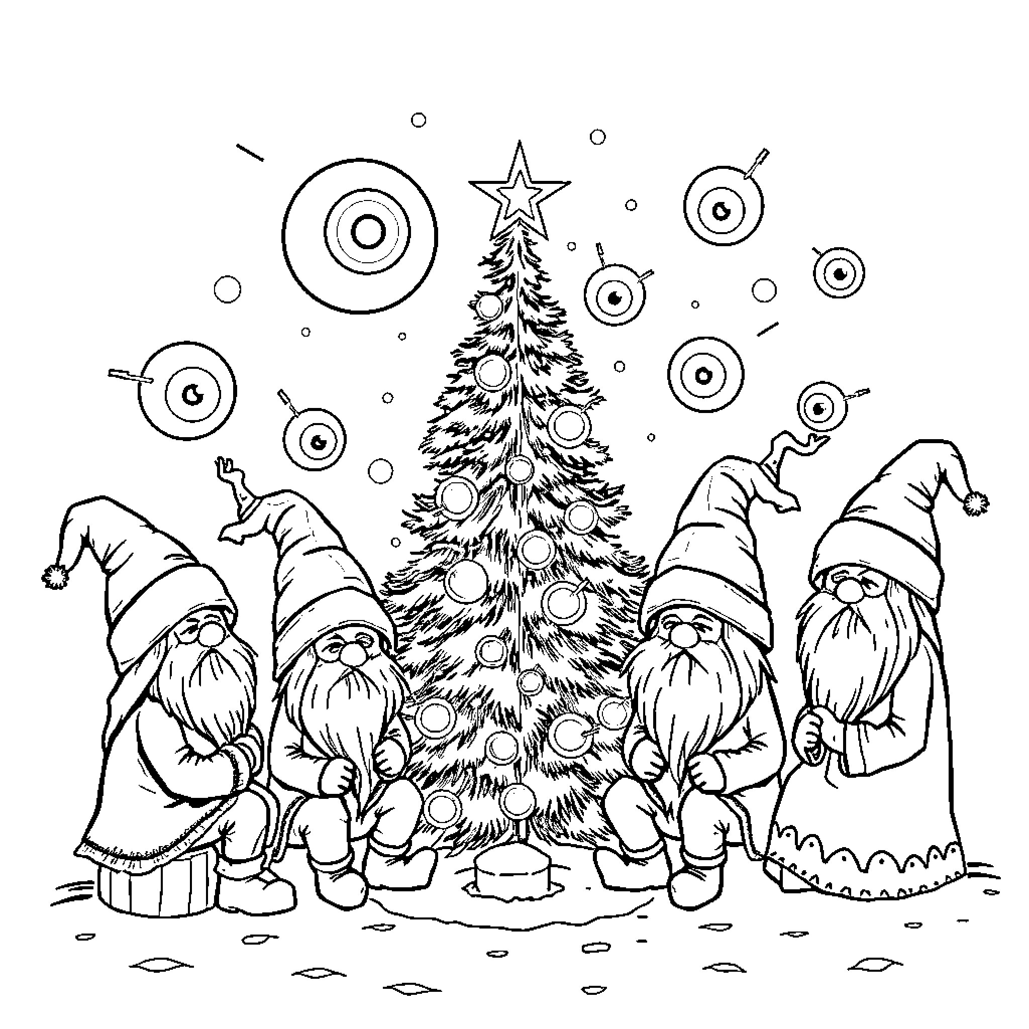 Eyeball Gnomes Celebrating Winter Solstice Coloring Page (free black-and-white line drawing printable PDF for all, from beginners to advanced learners, including children, teens, adults, and seniors)