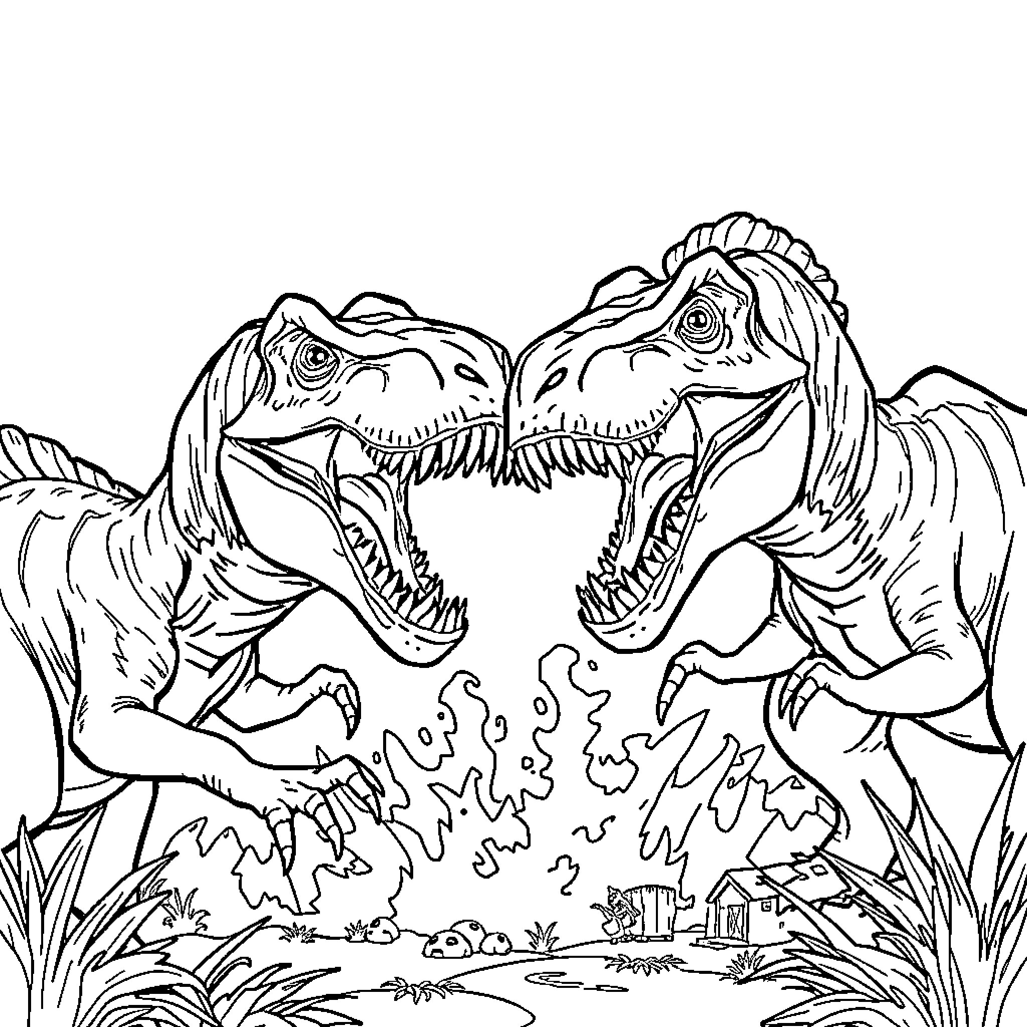 Dinosaurs engaged in fierce battle Coloring Page (free black-and-white line drawing printable PDF for all, from beginners to advanced learners, including children, teens, adults, and seniors)