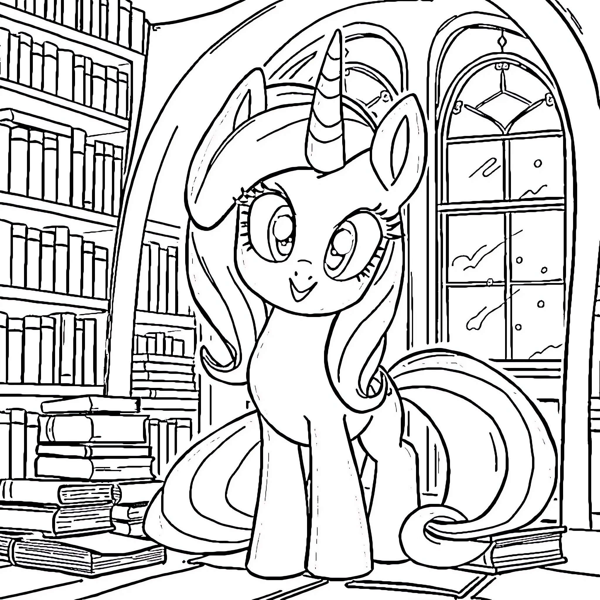 Twilight Sparkle Enjoying Books in the Library Coloring Page (free black-and-white line drawing printable PDF for all, from beginners to advanced learners, including children, teens, adults, and seniors)