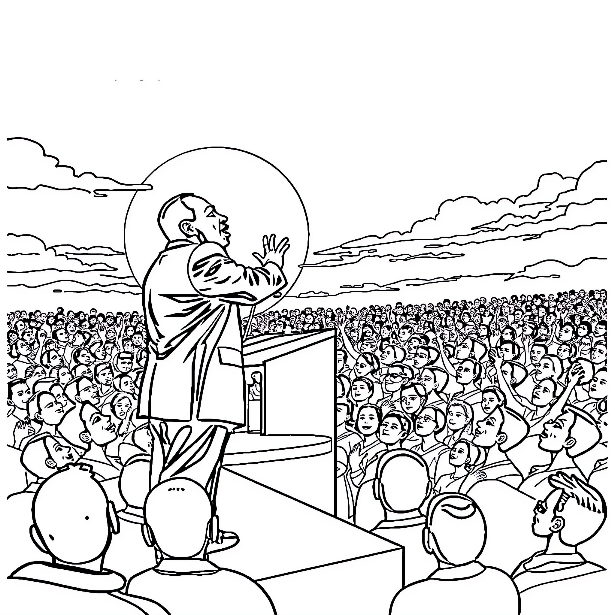 MLK Speaking to Assembled Crowd Coloring Page (free black-and-white line drawing printable PDF for all, from beginners to advanced learners, including children, teens, adults, and seniors)