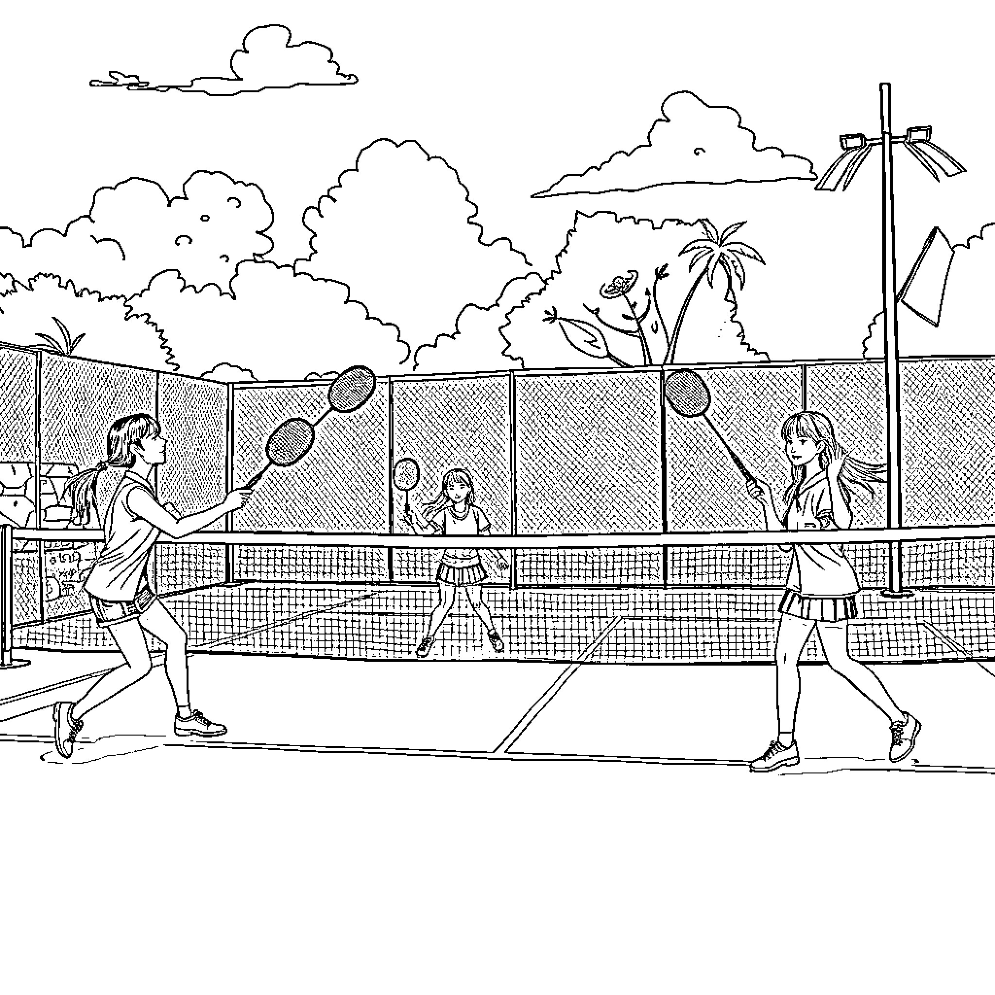 Kpop-inspired athletes playing tennis on the court Coloring Page (free black-and-white line drawing printable PDF for all, from beginners to advanced learners, including children, teens, adults, and seniors)