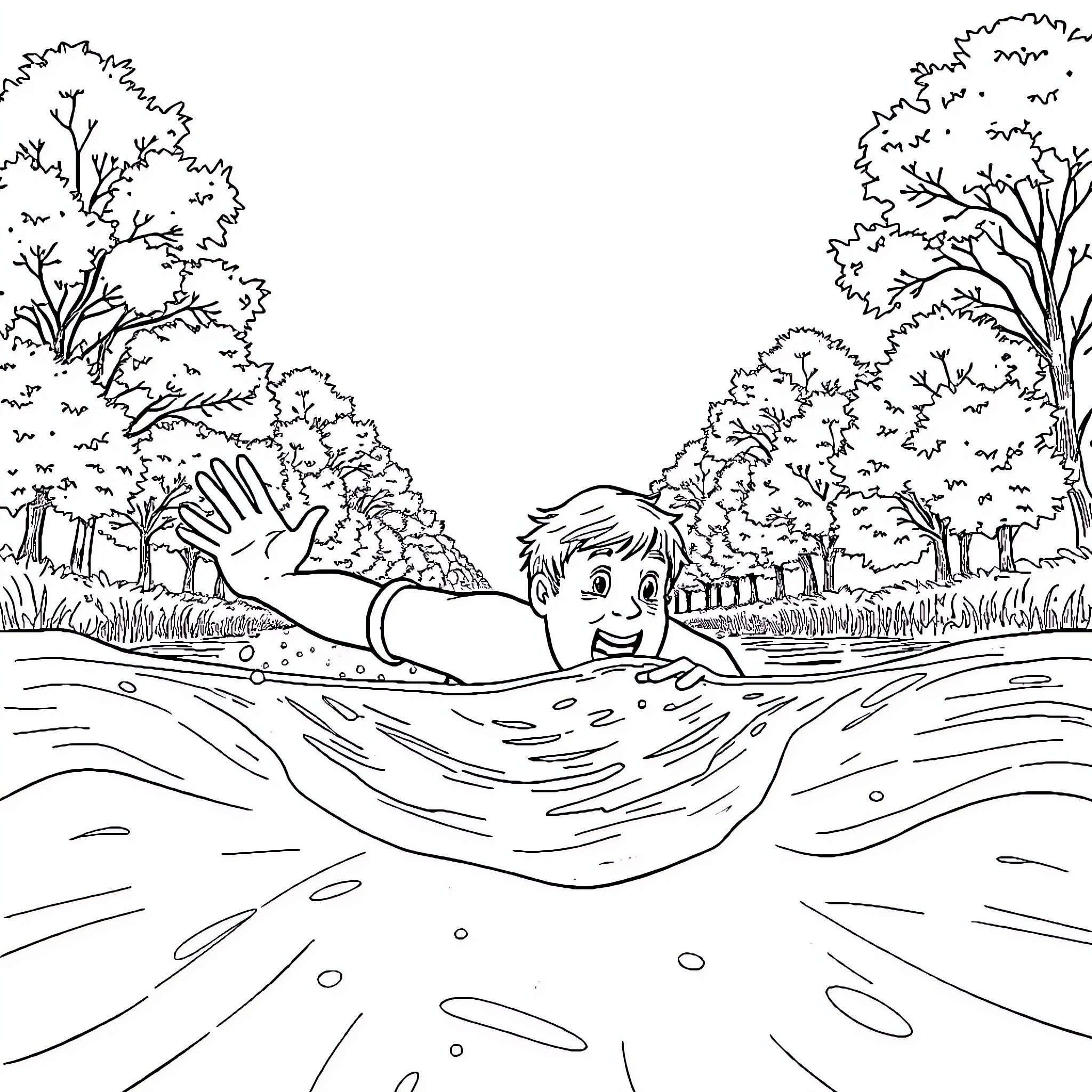 Boris Johnson swimming in nature Coloring Page (free black-and-white line drawing printable PDF for all, from beginners to advanced learners, including children, teens, adults, and seniors)