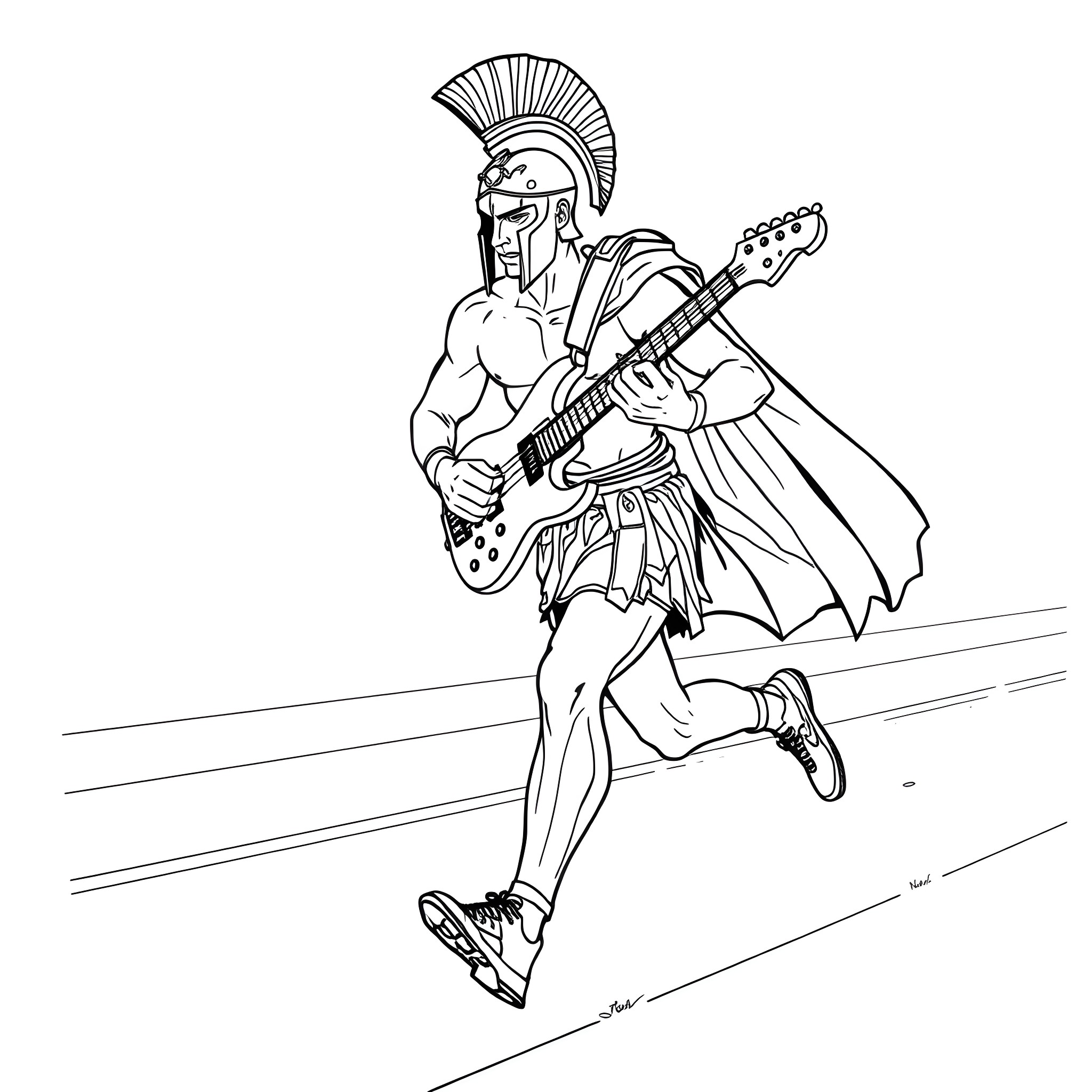 Spartan warrior playing electric guitar on stage Coloring Page (free black-and-white line drawing printable PDF for all, from beginners to advanced learners, including children, teens, adults, and seniors)