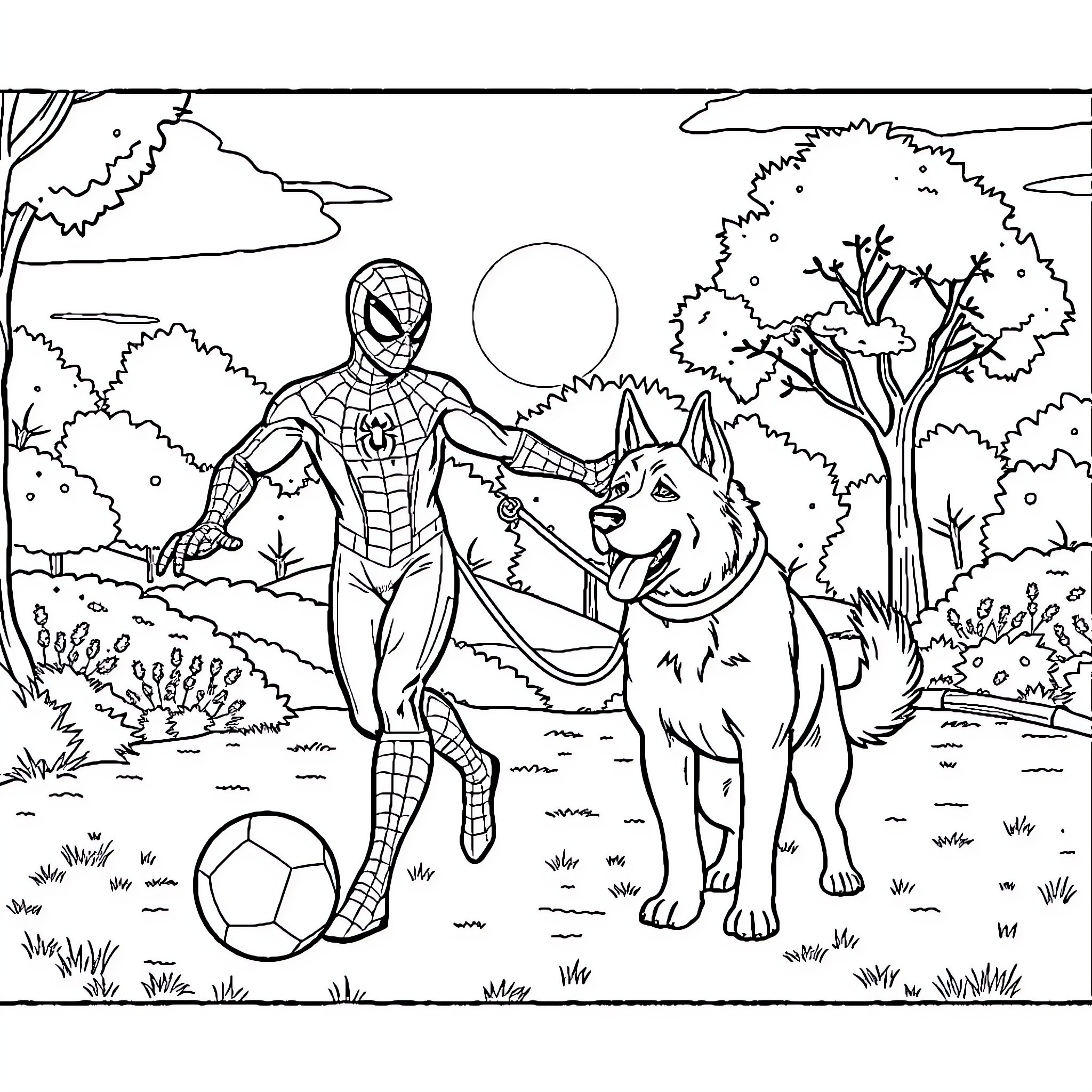Spiderman playing soccer with his loyal canine companion Coloring Page (free black-and-white line drawing printable PDF for all, from beginners to advanced learners, including children, teens, adults, and seniors)