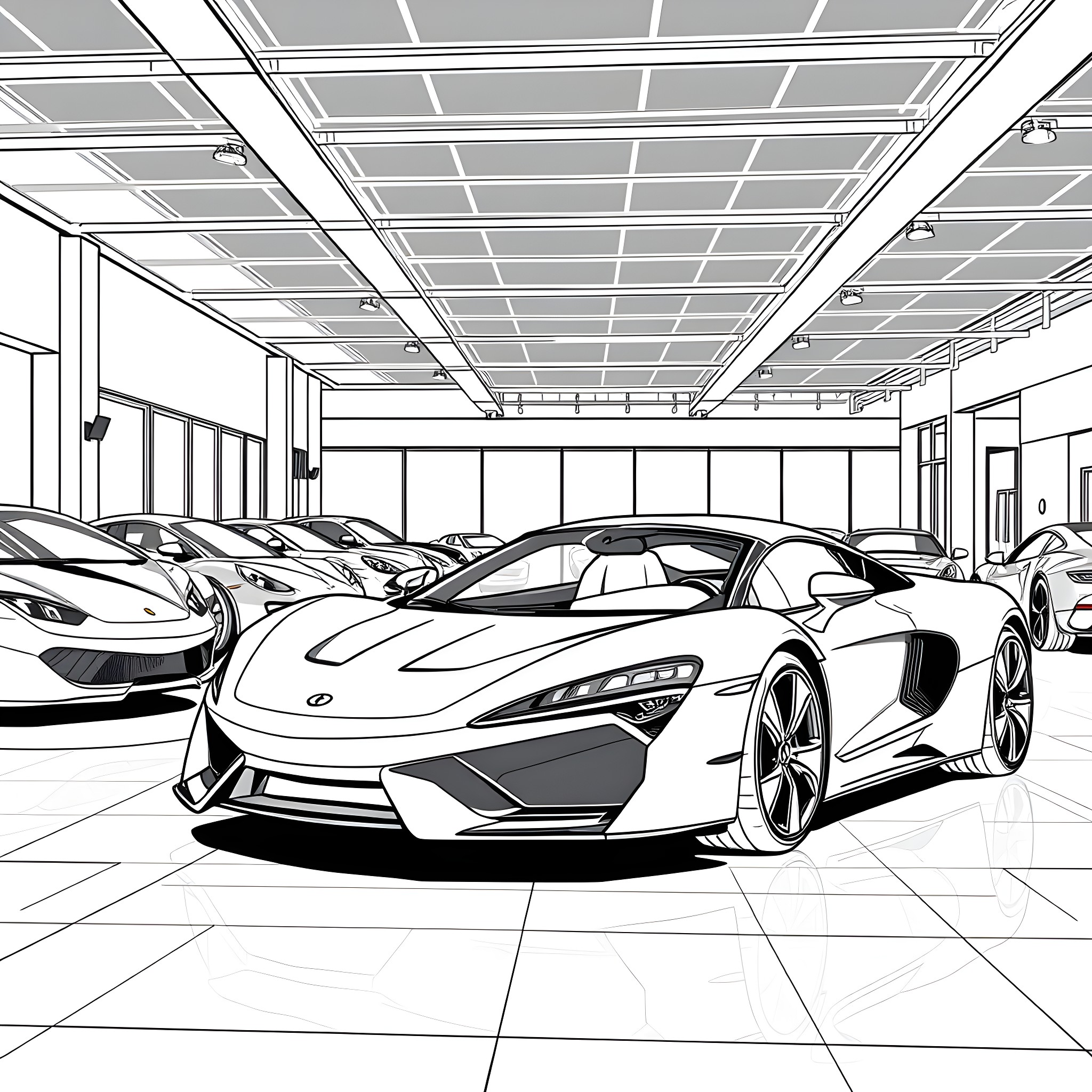 Car showroom with luxury sports cars Coloring Page (free black-and-white line drawing printable PDF for all, from beginners to advanced learners, including children, teens, adults, and seniors)