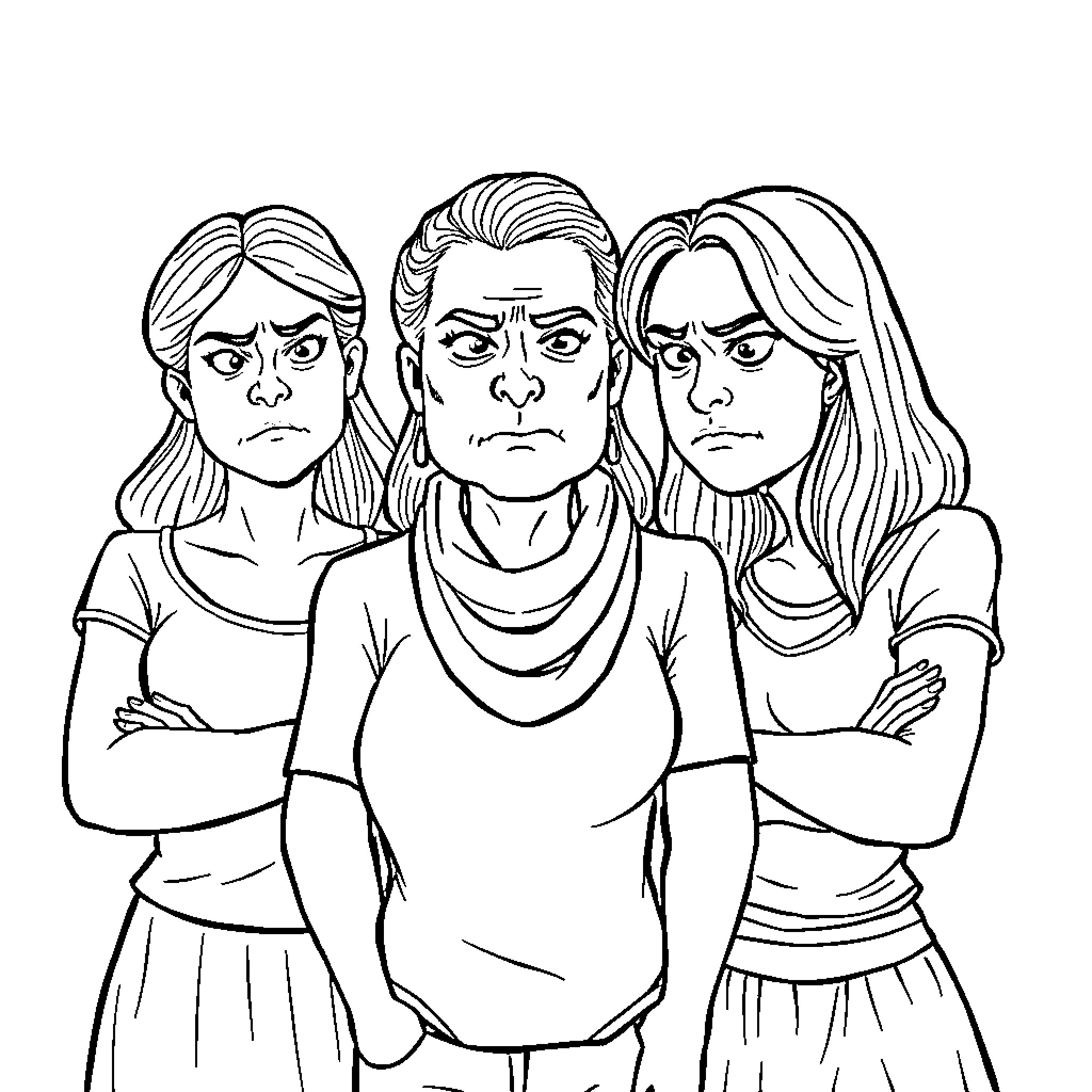 Sister Wives in Serious Discussion Coloring Page (free black-and-white line drawing printable PDF for all, from beginners to advanced learners, including children, teens, adults, and seniors)