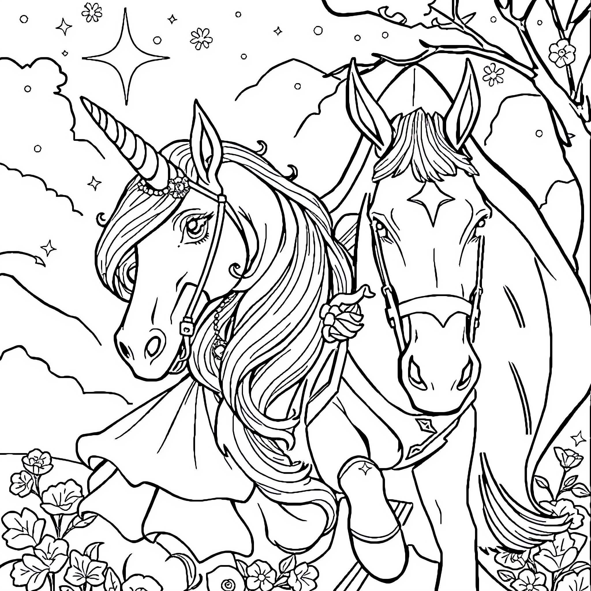 Unicorn pair frolicking in enchanted forest Coloring Page (free black-and-white line drawing printable PDF for all, from beginners to advanced learners, including children, teens, adults, and seniors)