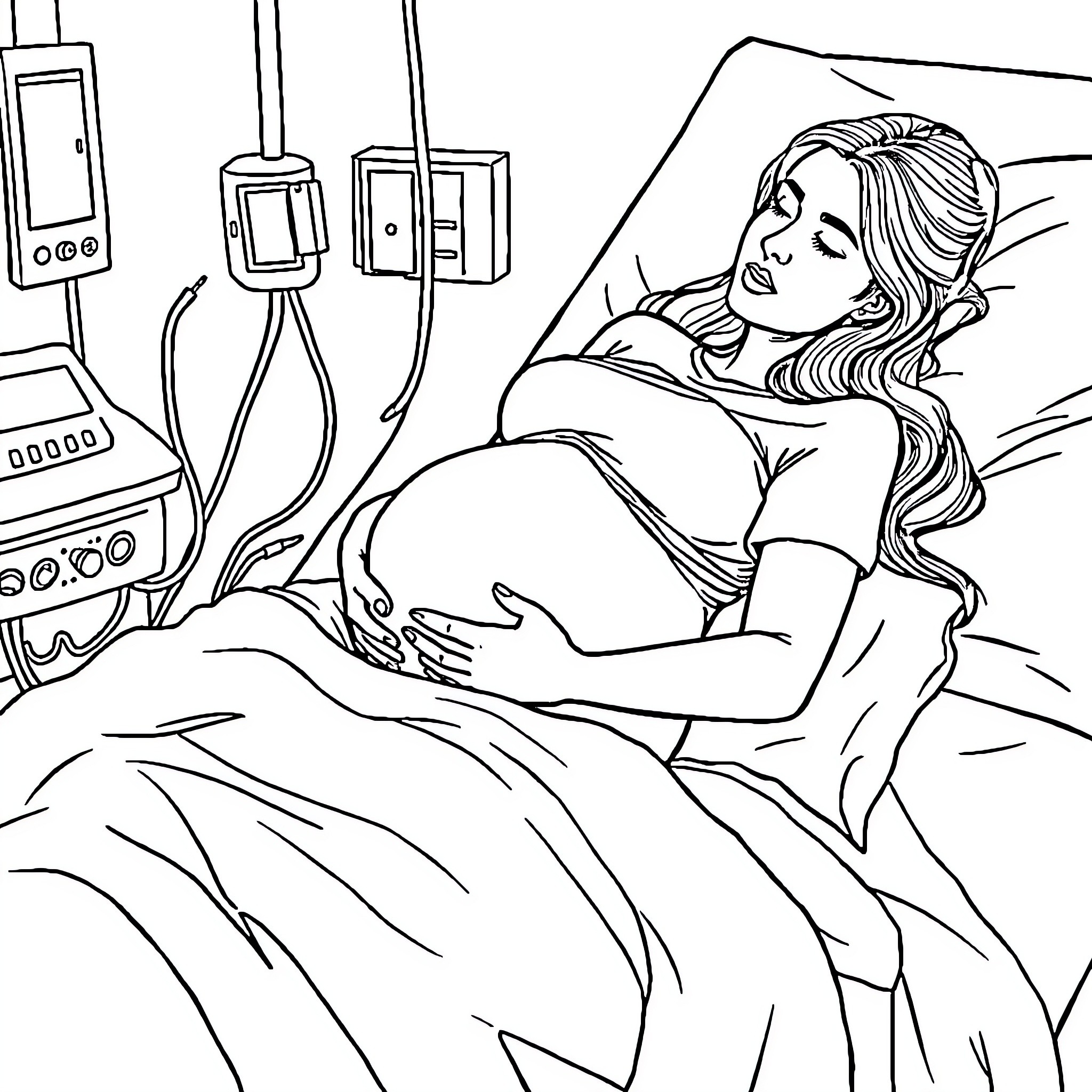Woman resting in hospital bed with medical equipment Coloring Page (free black-and-white line drawing printable PDF for all, from beginners to advanced learners, including children, teens, adults, and seniors)