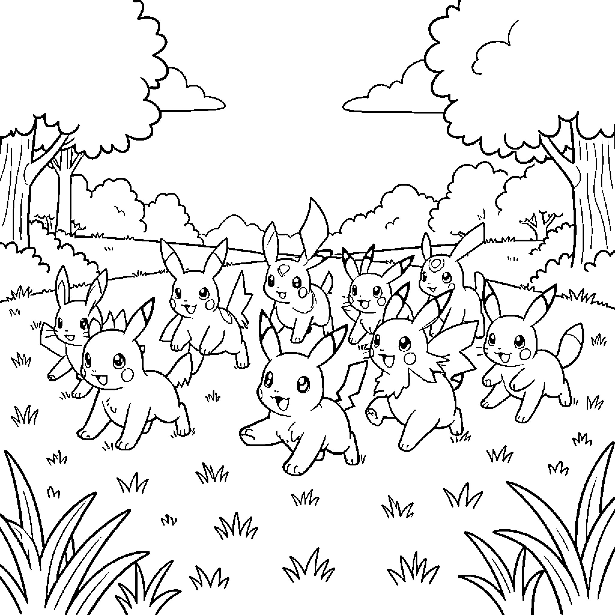Pokémon playing together in a grassy field Coloring Page (free black-and-white line drawing printable PDF for all, from beginners to advanced learners, including children, teens, adults, and seniors)
