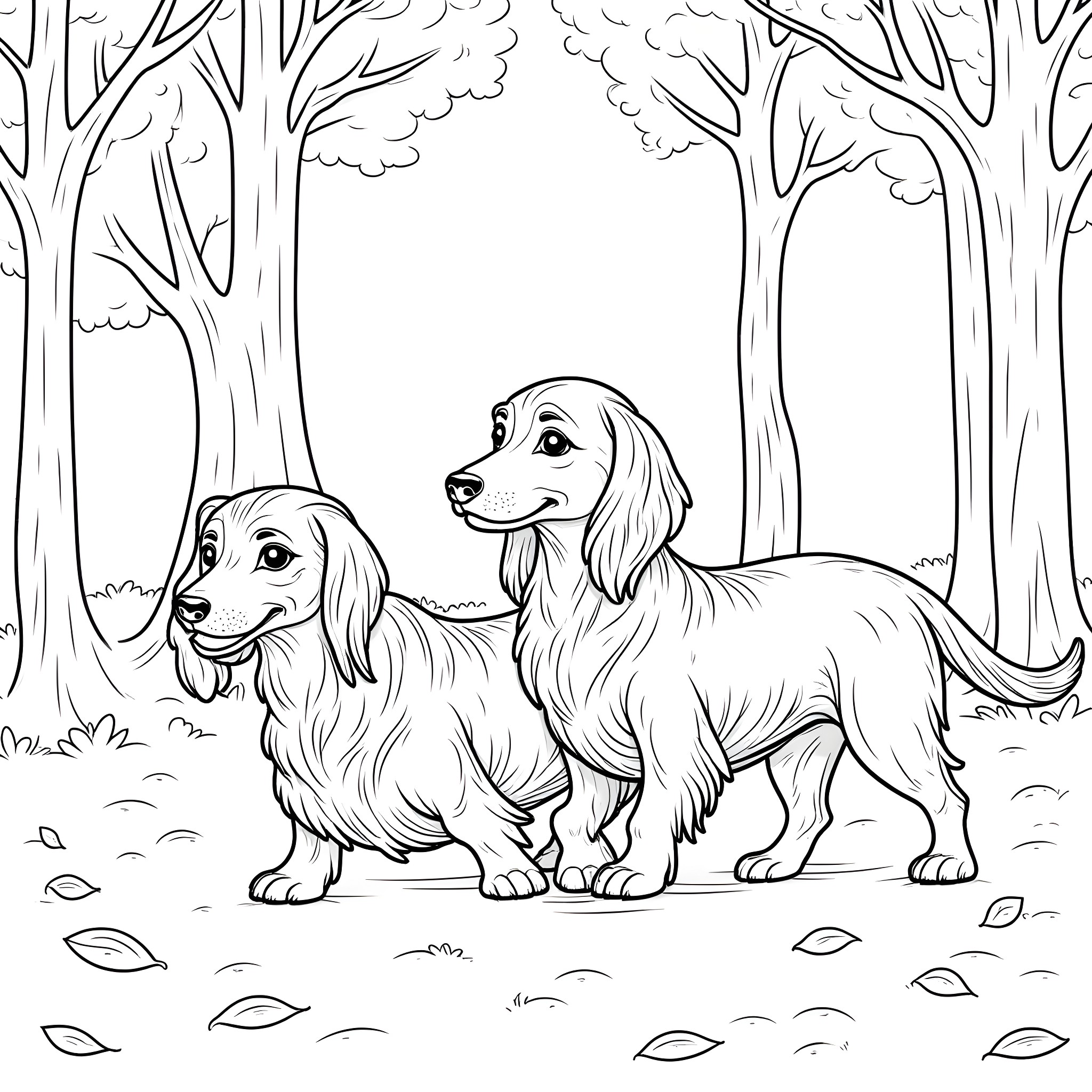 Dachshund dogs exploring the forest Coloring Page (free black-and-white line drawing printable PDF for all, from beginners to advanced learners, including children, teens, adults, and seniors)