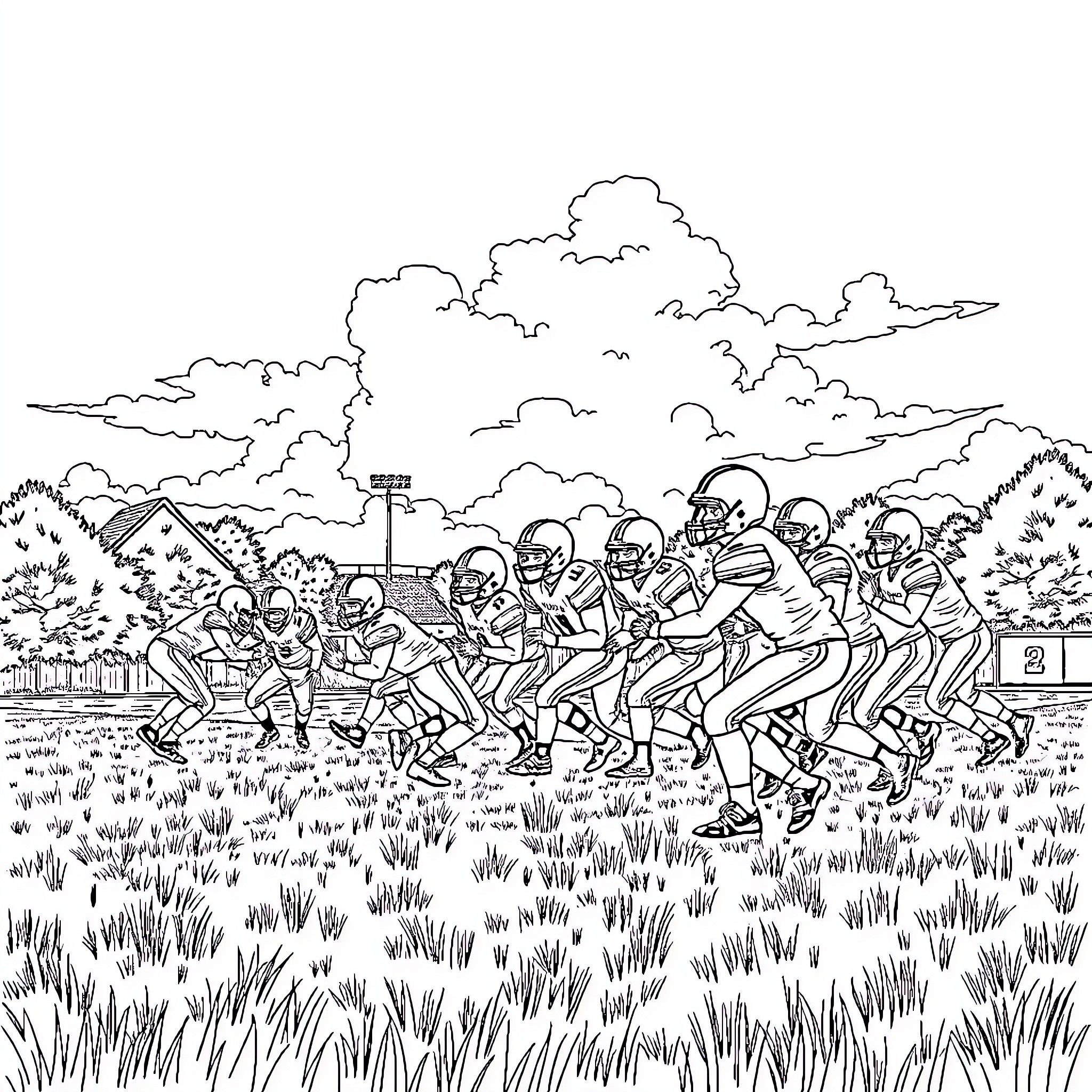 Football players on the field in action Coloring Page (free black-and-white line drawing printable PDF for all, from beginners to advanced learners, including children, teens, adults, and seniors)