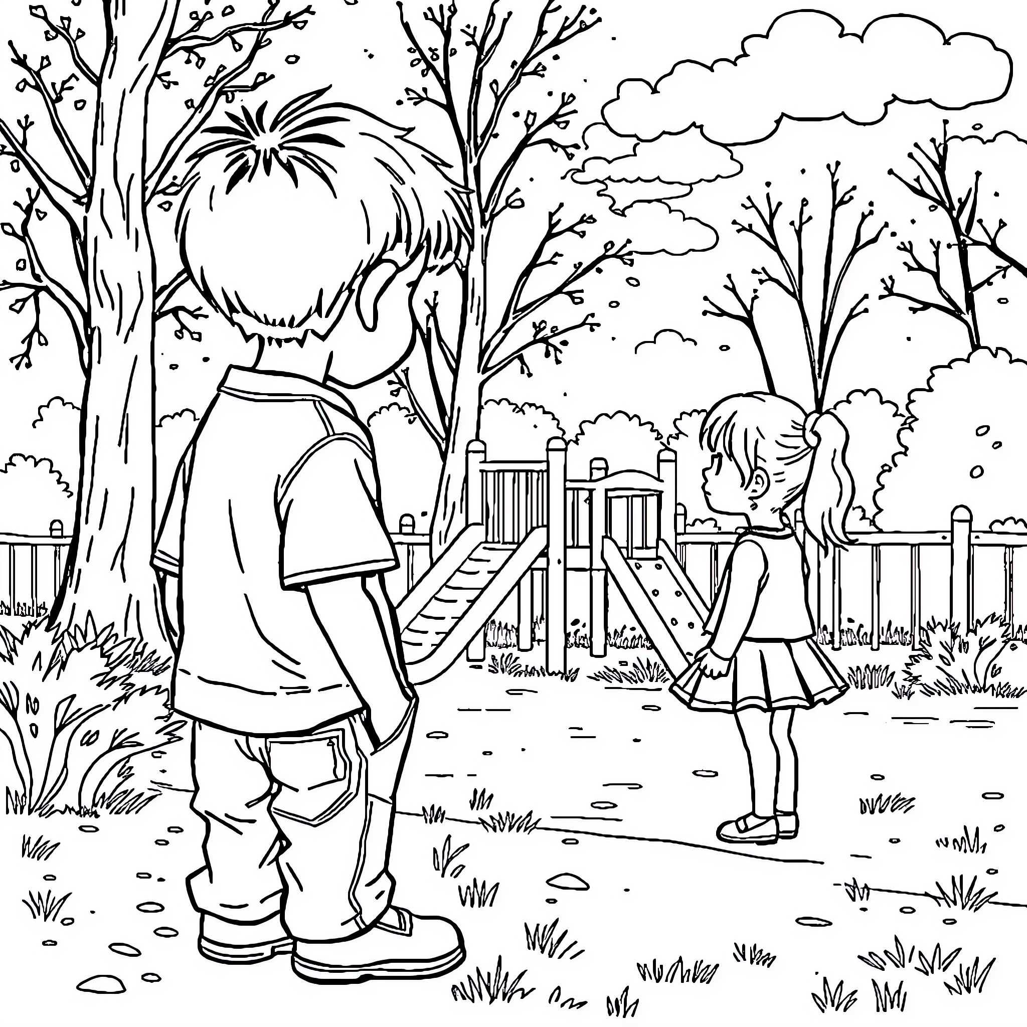 Boy and girl exploring the park playground Coloring Page (free black-and-white line drawing printable PDF for all, from beginners to advanced learners, including children, teens, adults, and seniors)