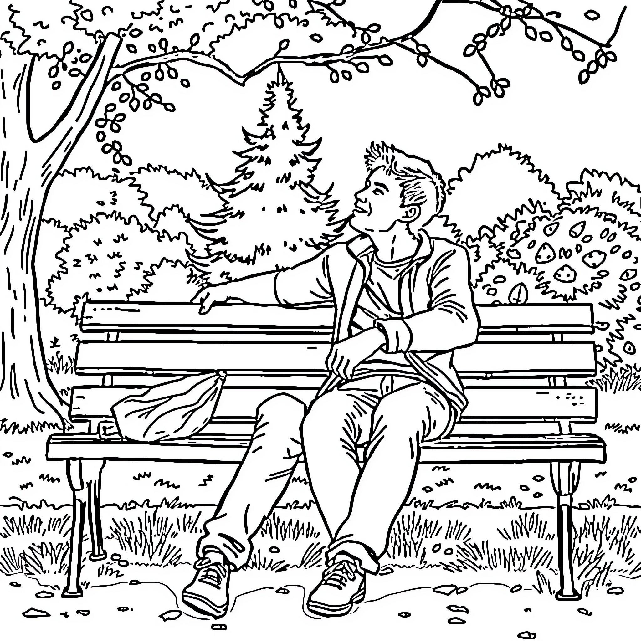 Guy sitting peacefully on a park bench Coloring Page (free black-and-white line drawing printable PDF for all, from beginners to advanced learners, including children, teens, adults, and seniors)