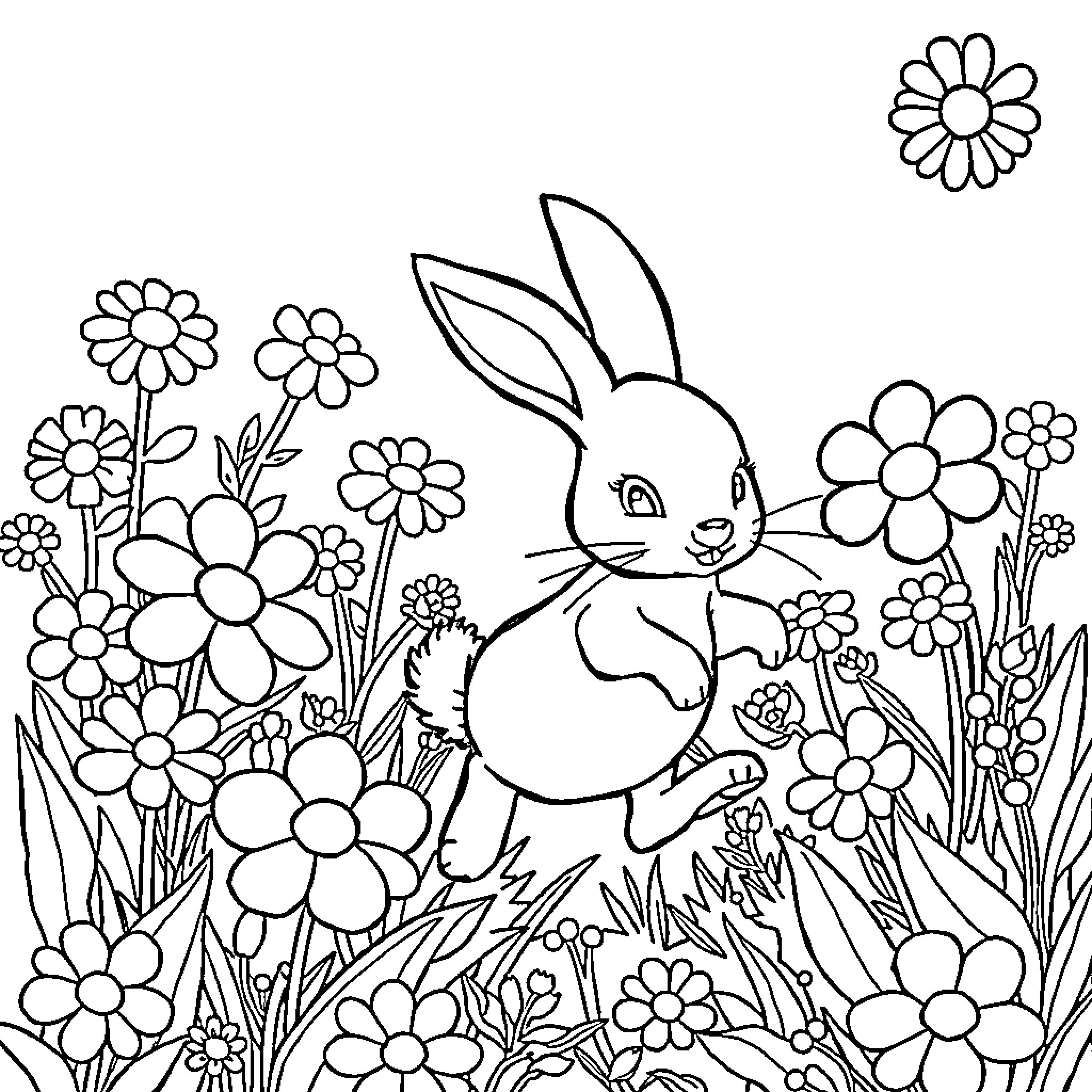 Bunny surrounded by colorful flowers Coloring Page (free black-and-white line drawing printable PDF for all, from beginners to advanced learners, including children, teens, adults, and seniors)