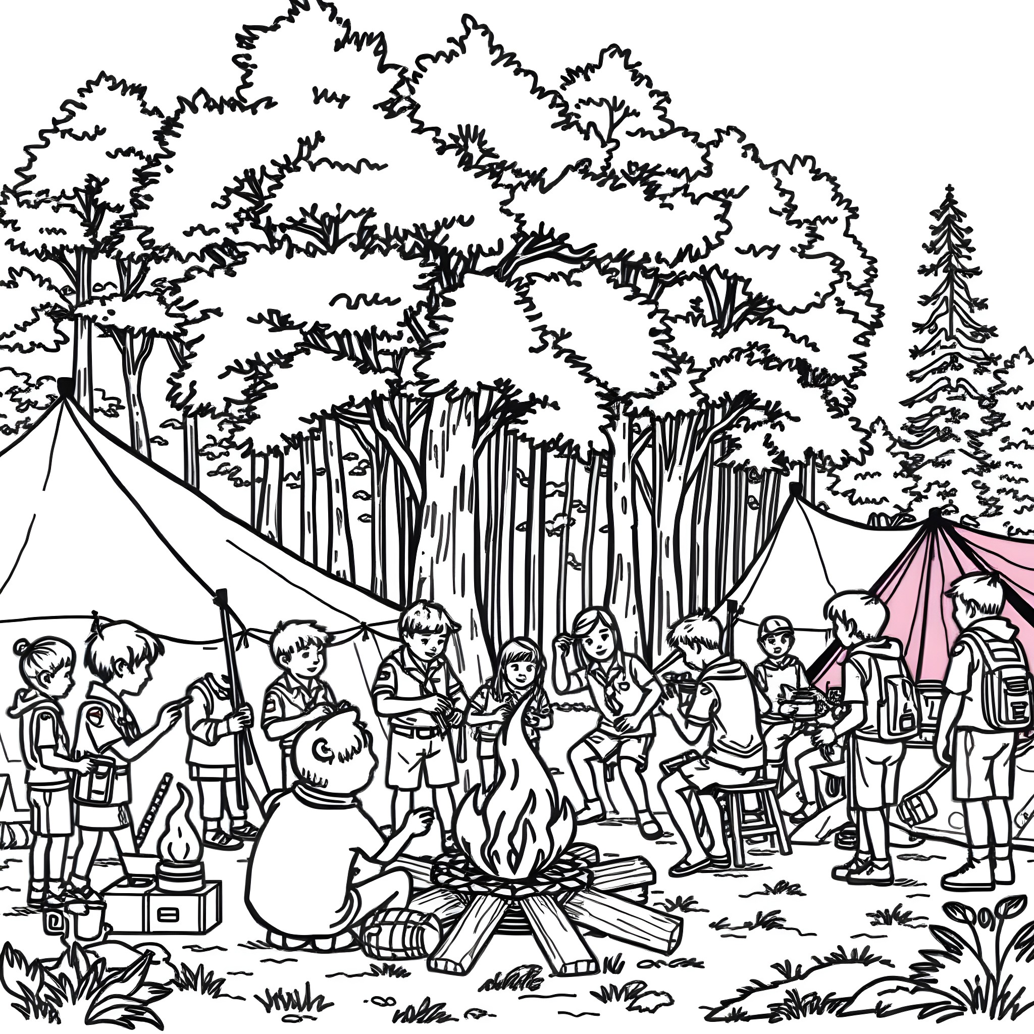 Scout group gathering around campfire in the forest Coloring Page (free black-and-white line drawing printable PDF for all, from beginners to advanced learners, including children, teens, adults, and seniors)