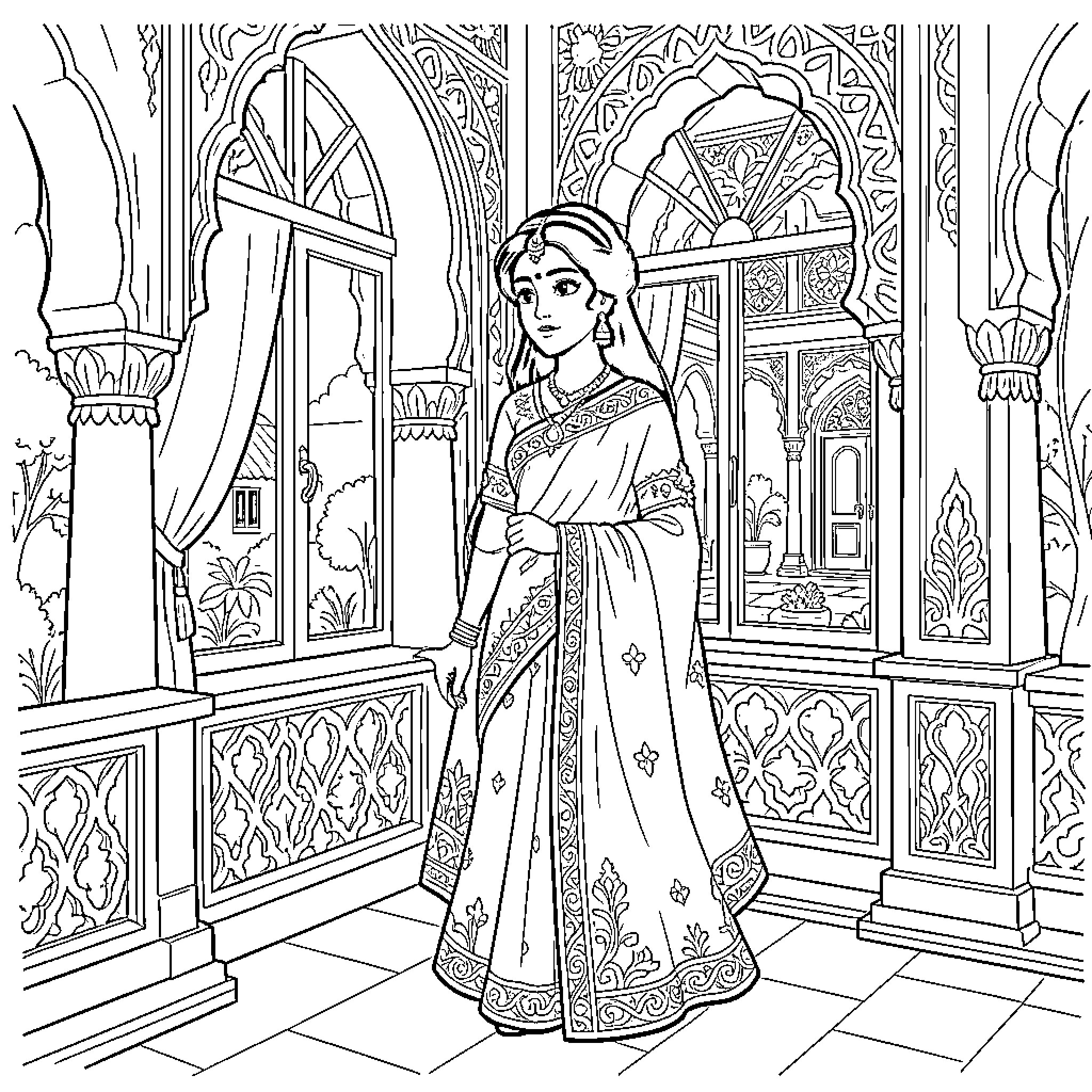 Jasmine standing gracefully in an ornate palace setting Coloring Page (free black-and-white line drawing printable PDF for all, from beginners to advanced learners, including children, teens, adults, and seniors)