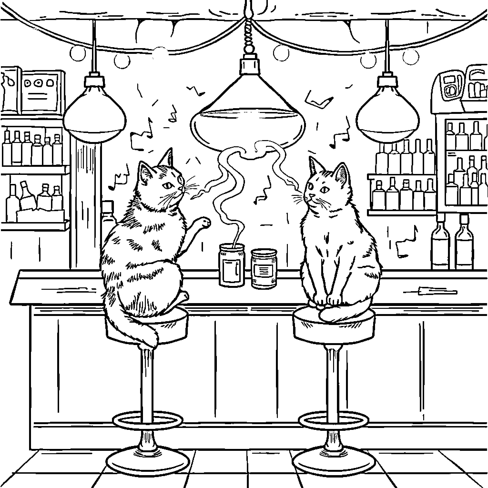 Cats Relaxing at the Bar Coloring Page (free black-and-white line drawing printable PDF for all, from beginners to advanced learners, including children, teens, adults, and seniors)