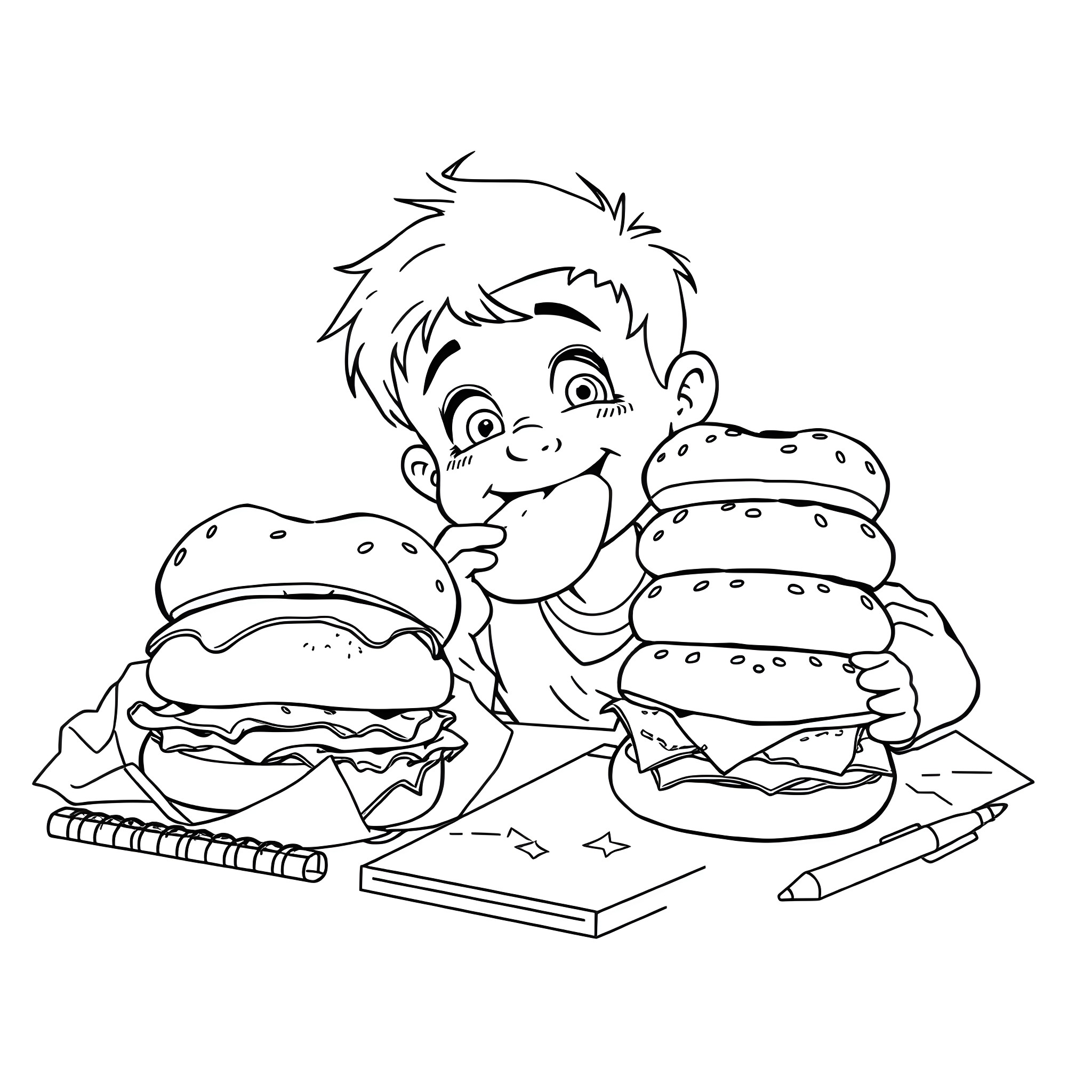 Diary of a Wimpy Kid Enjoys Junk Food Feast Coloring Page (free black-and-white line drawing printable PDF for all, from beginners to advanced learners, including children, teens, adults, and seniors)