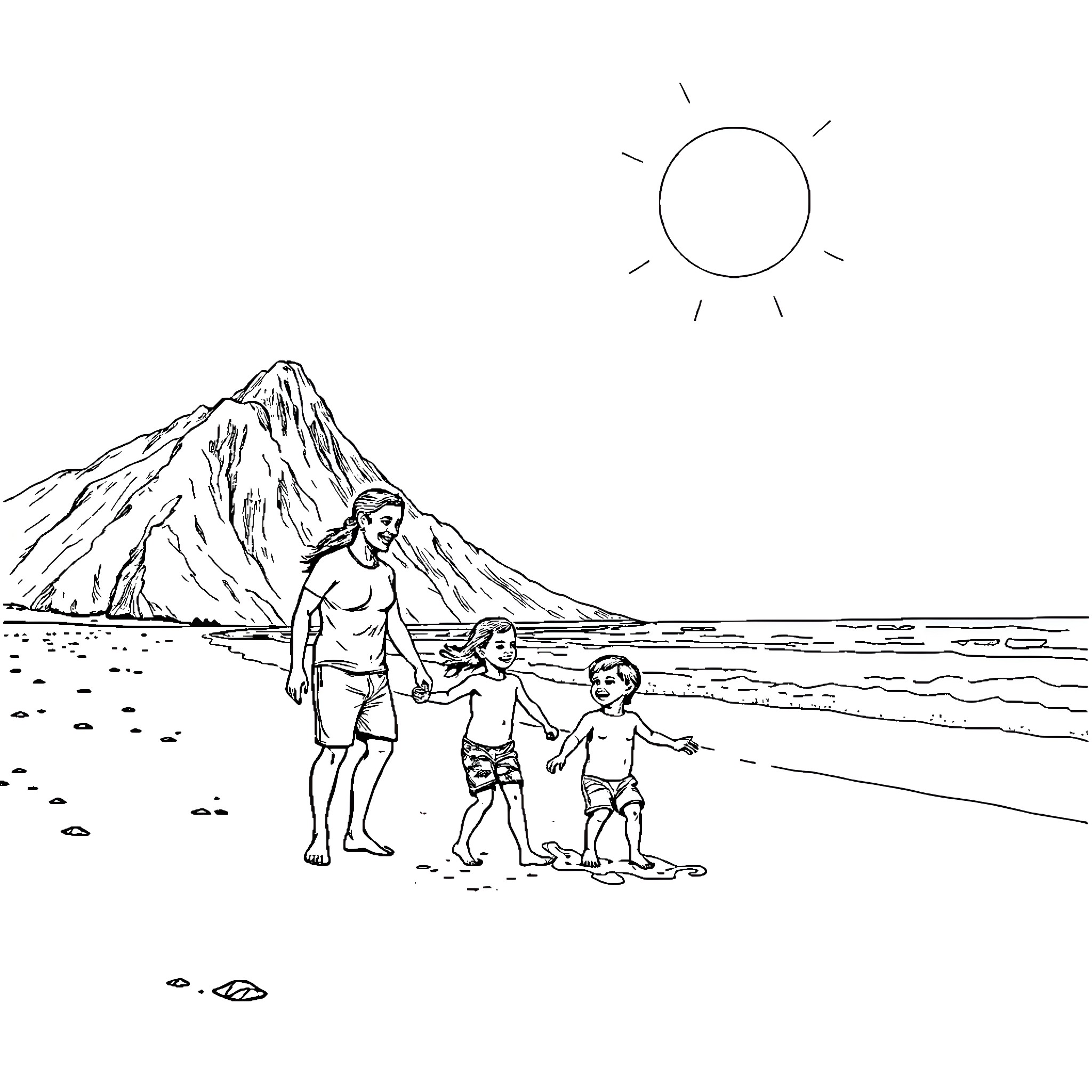Playa family frolicking by the shore Coloring Page (free black-and-white line drawing printable PDF for all, from beginners to advanced learners, including children, teens, adults, and seniors)