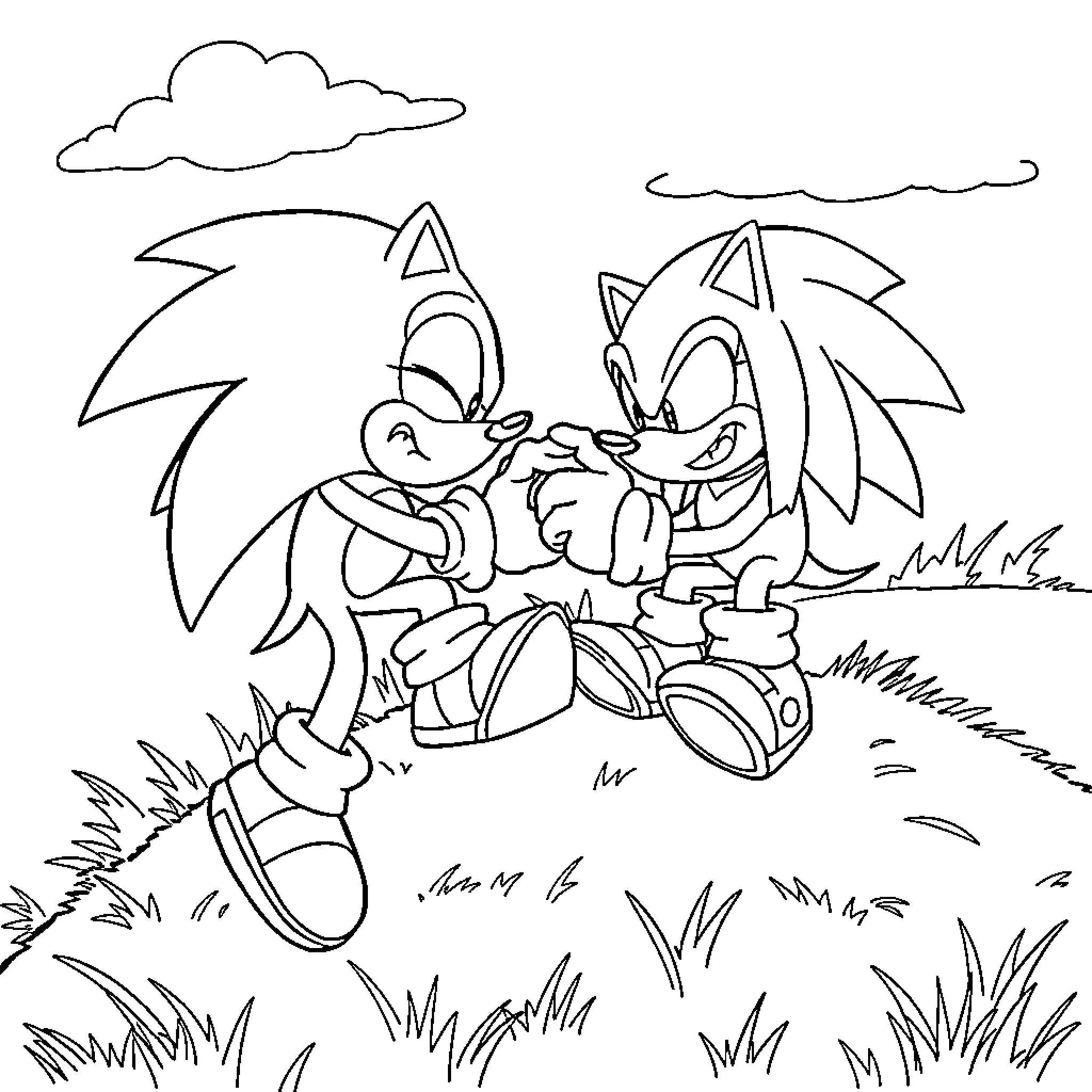 Sonic and friend engage in playful antics Coloring Page (free black-and-white line drawing printable PDF for all, from beginners to advanced learners, including children, teens, adults, and seniors)