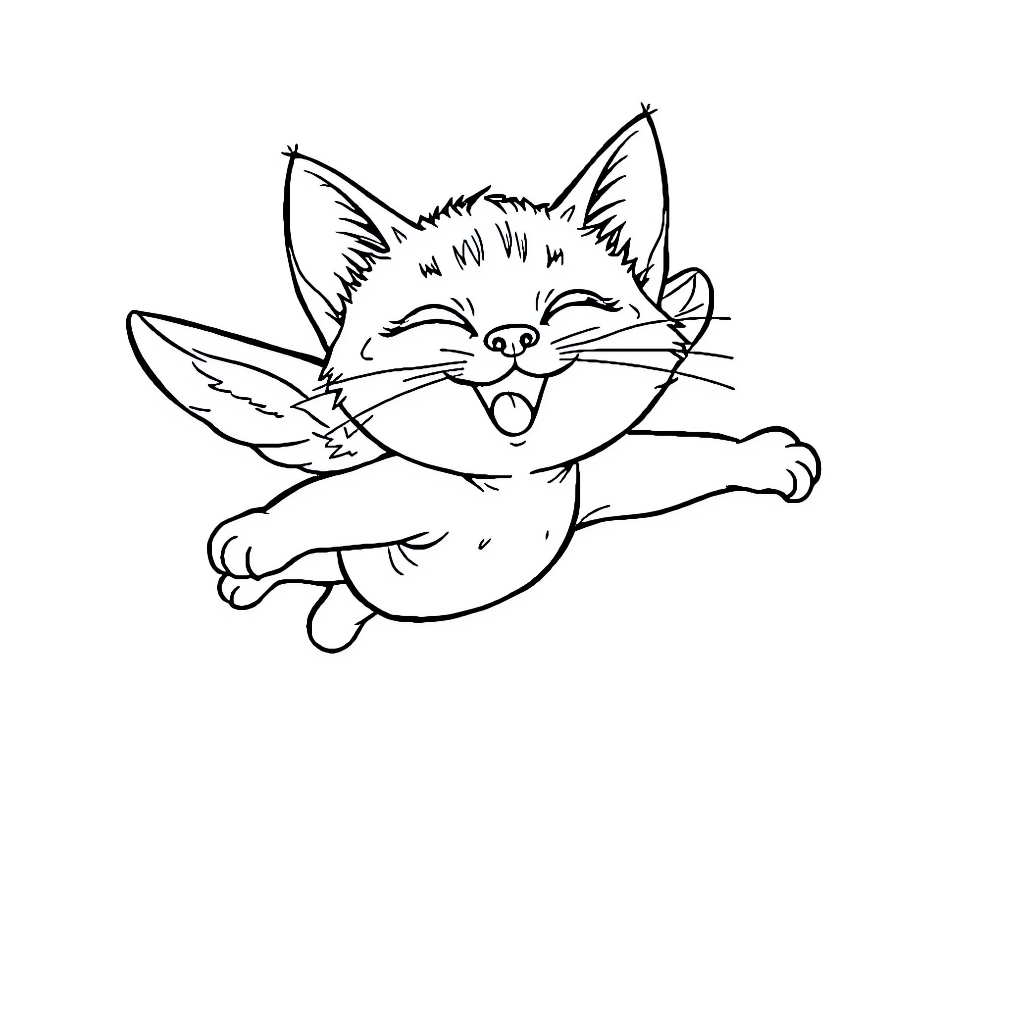 Kitten jumping happily in the air Coloring Page (free black-and-white line drawing printable PDF for all, from beginners to advanced learners, including children, teens, adults, and seniors)