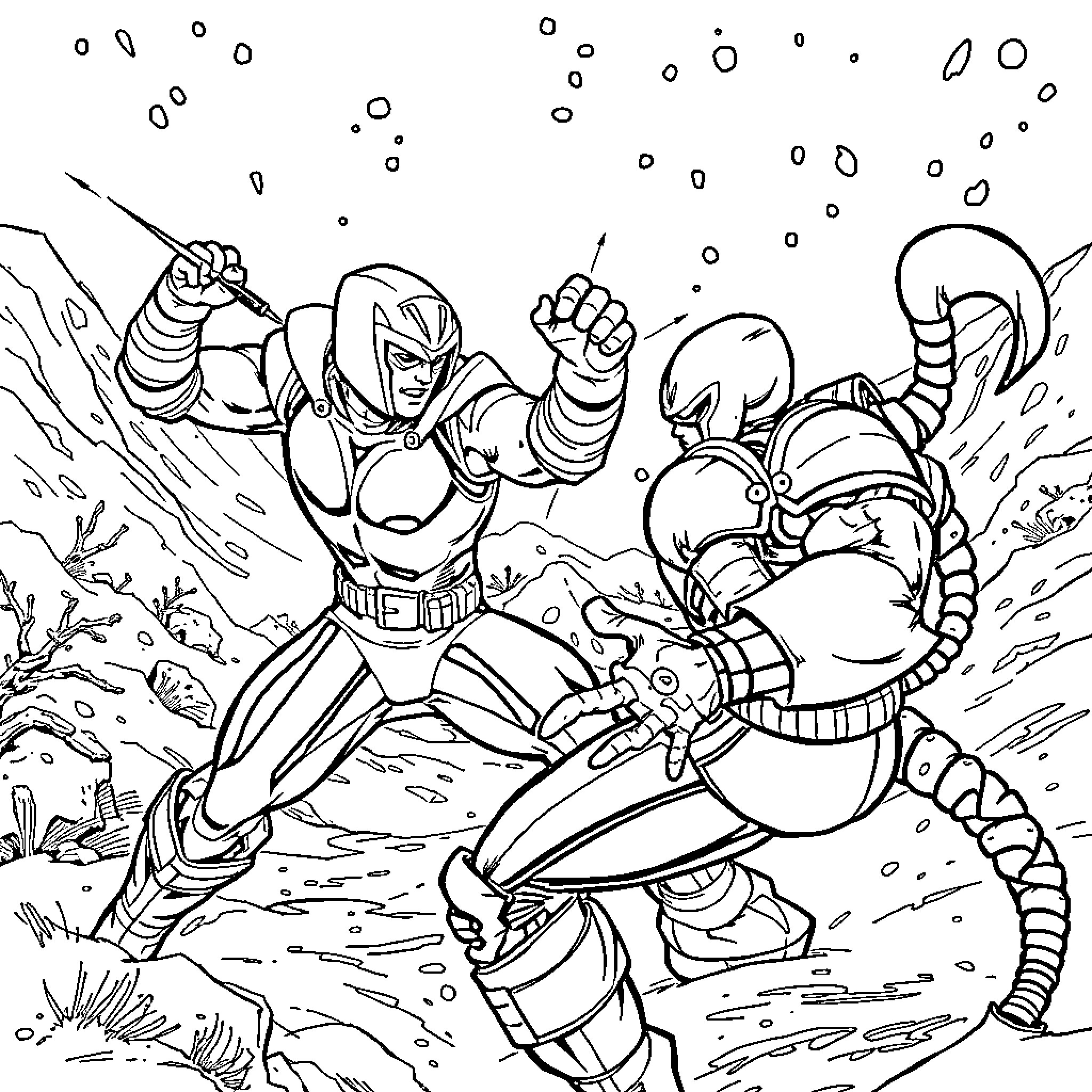 Subzero battle between armored combatants in harsh environment Coloring Page (free black-and-white line drawing printable PDF for all, from beginners to advanced learners, including children, teens, adults, and seniors)