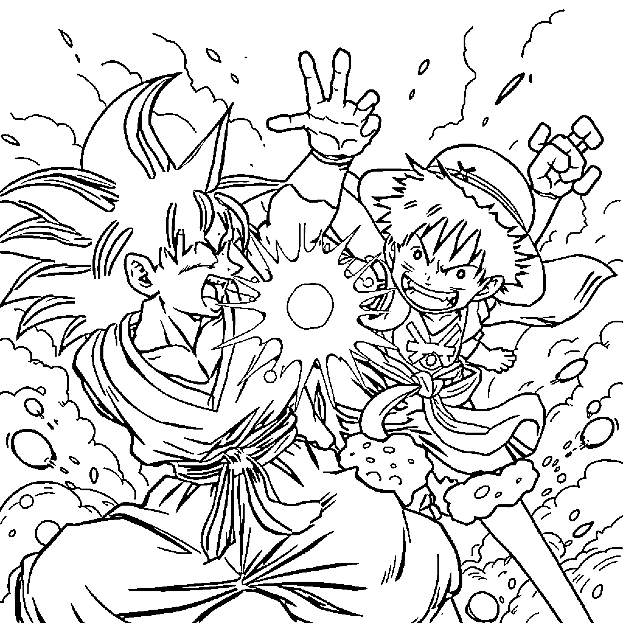 Dragon Ball characters in action-packed scene Coloring Page (free black-and-white line drawing printable PDF for all, from beginners to advanced learners, including children, teens, adults, and seniors)