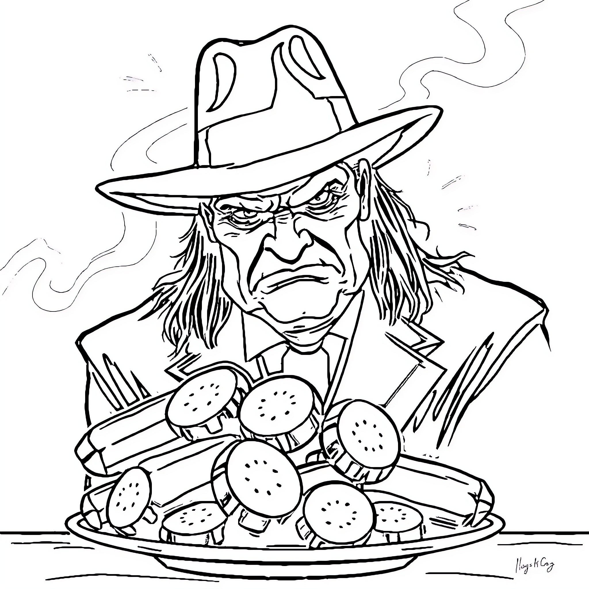 Undertaker contemplates his sinister meal Coloring Page (free black-and-white line drawing printable PDF for all, from beginners to advanced learners, including children, teens, adults, and seniors)