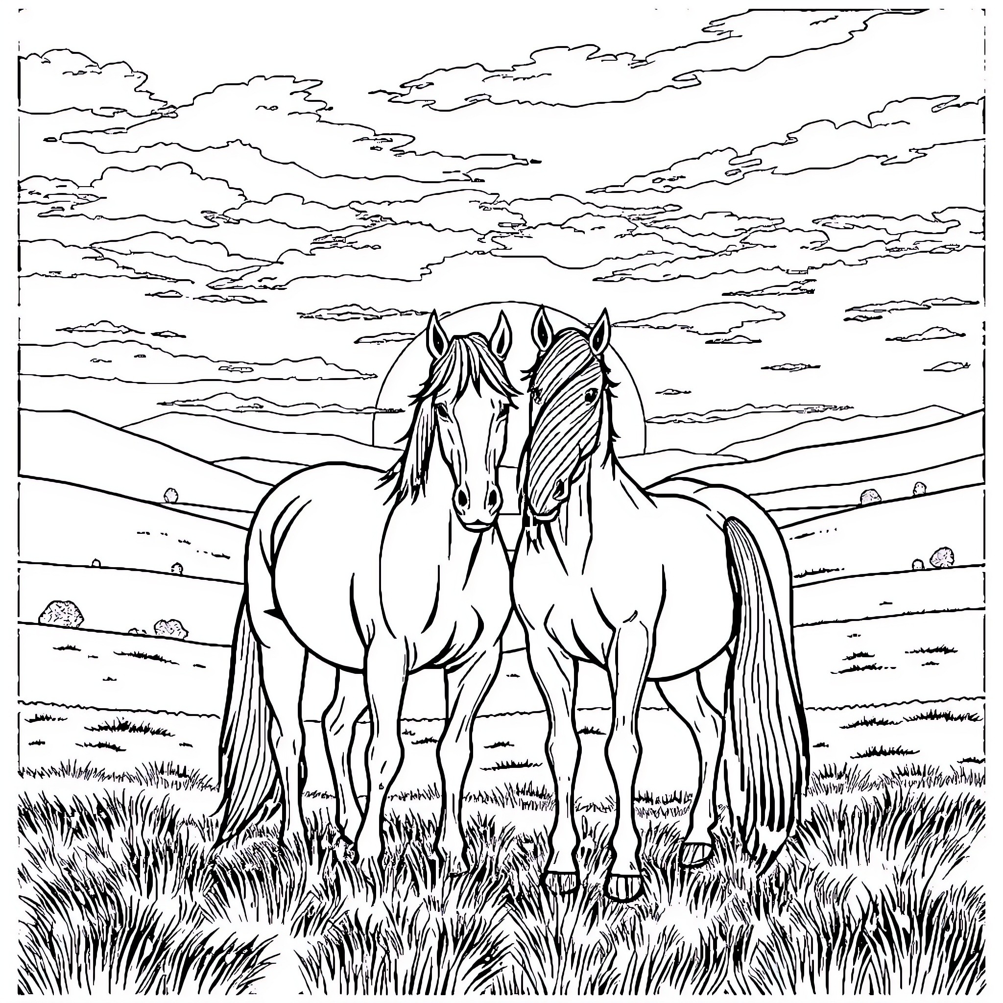 Horses grazing peacefully in a scenic landscape Coloring Page (free black-and-white line drawing printable PDF for all, from beginners to advanced learners, including children, teens, adults, and seniors)