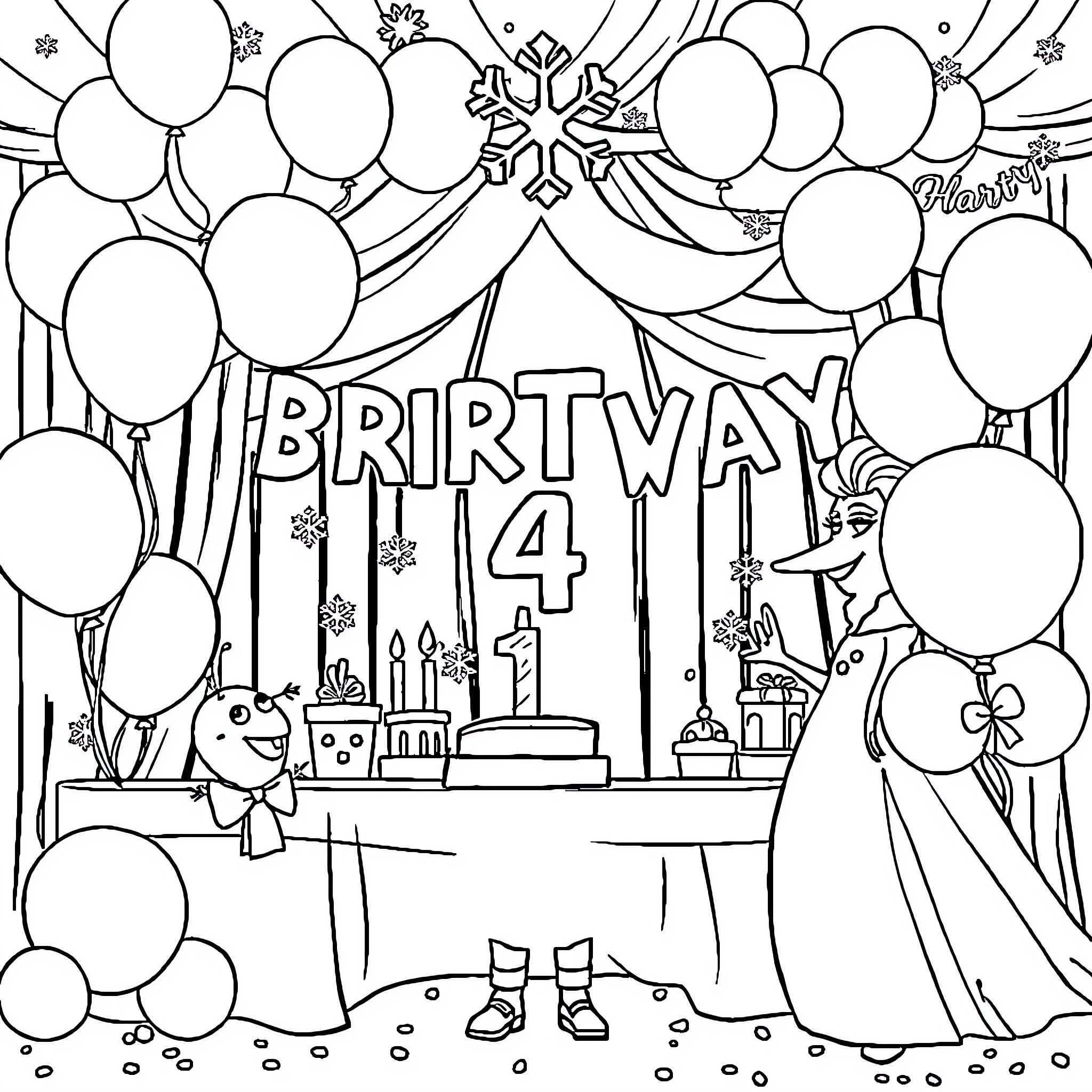 Queen's Birthday Celebration with Balloons and Decorations Coloring Page (free black-and-white line drawing printable PDF for all, from beginners to advanced learners, including children, teens, adults, and seniors)