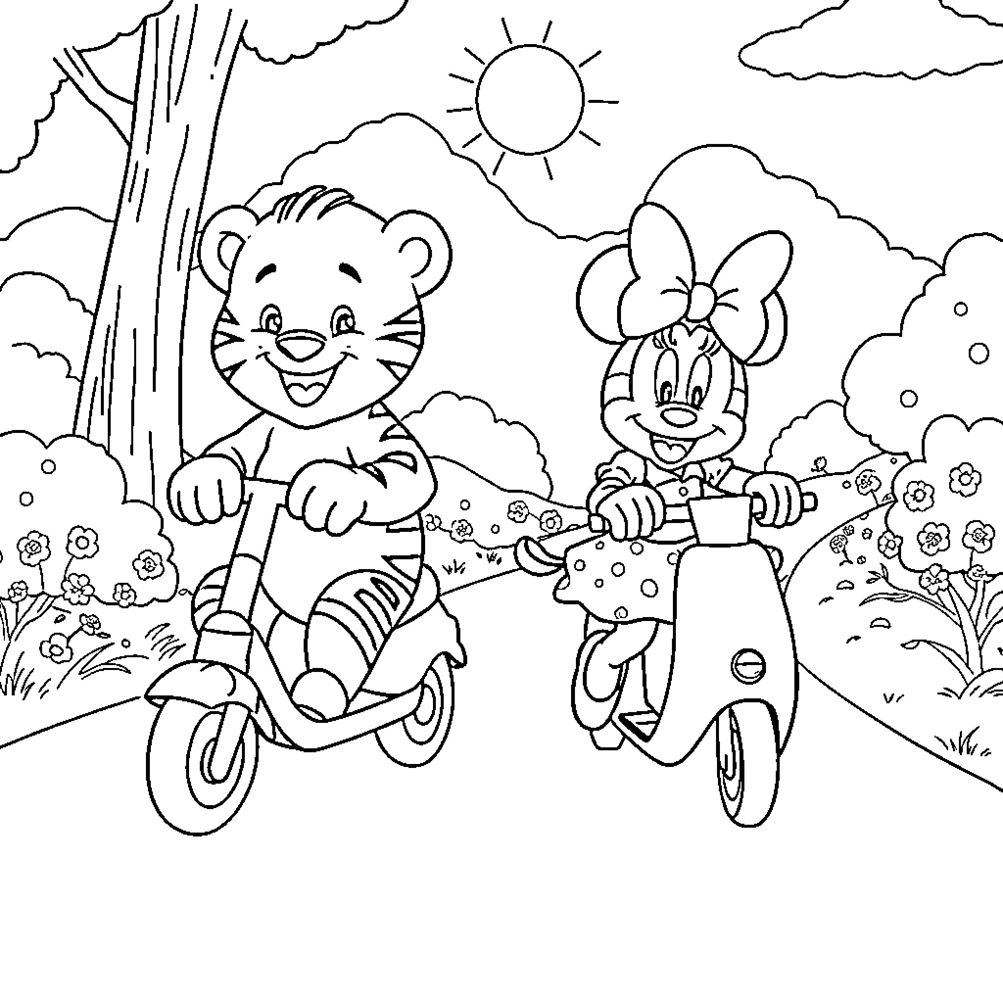 Daniel Tiger and Minnie Mouse riding scooters on a sunny day Coloring Page (free black-and-white line drawing printable PDF for all, from beginners to advanced learners, including children, teens, adults, and seniors)