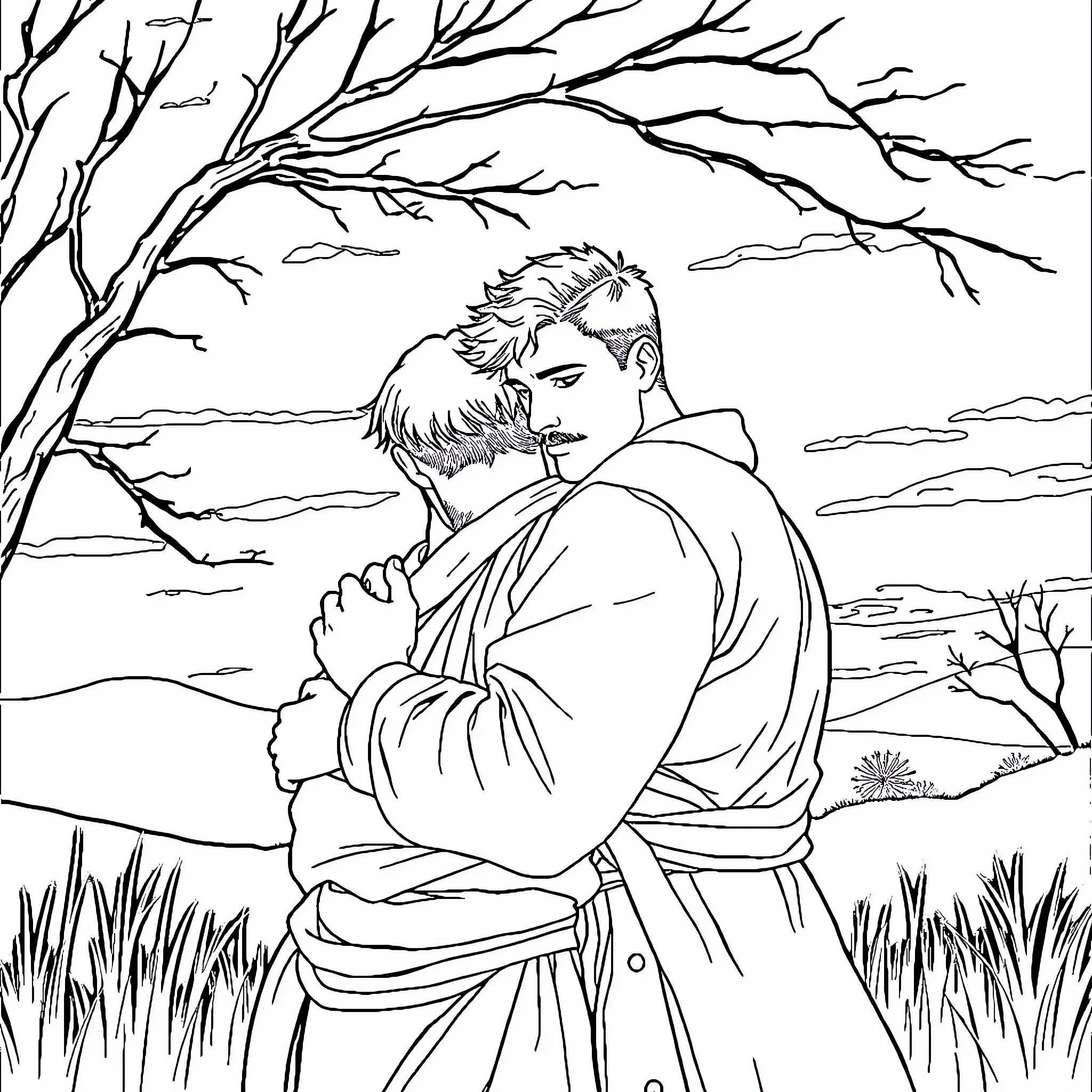 Man embracing in winter landscape Coloring Page (free black-and-white line drawing printable PDF for all, from beginners to advanced learners, including children, teens, adults, and seniors)
