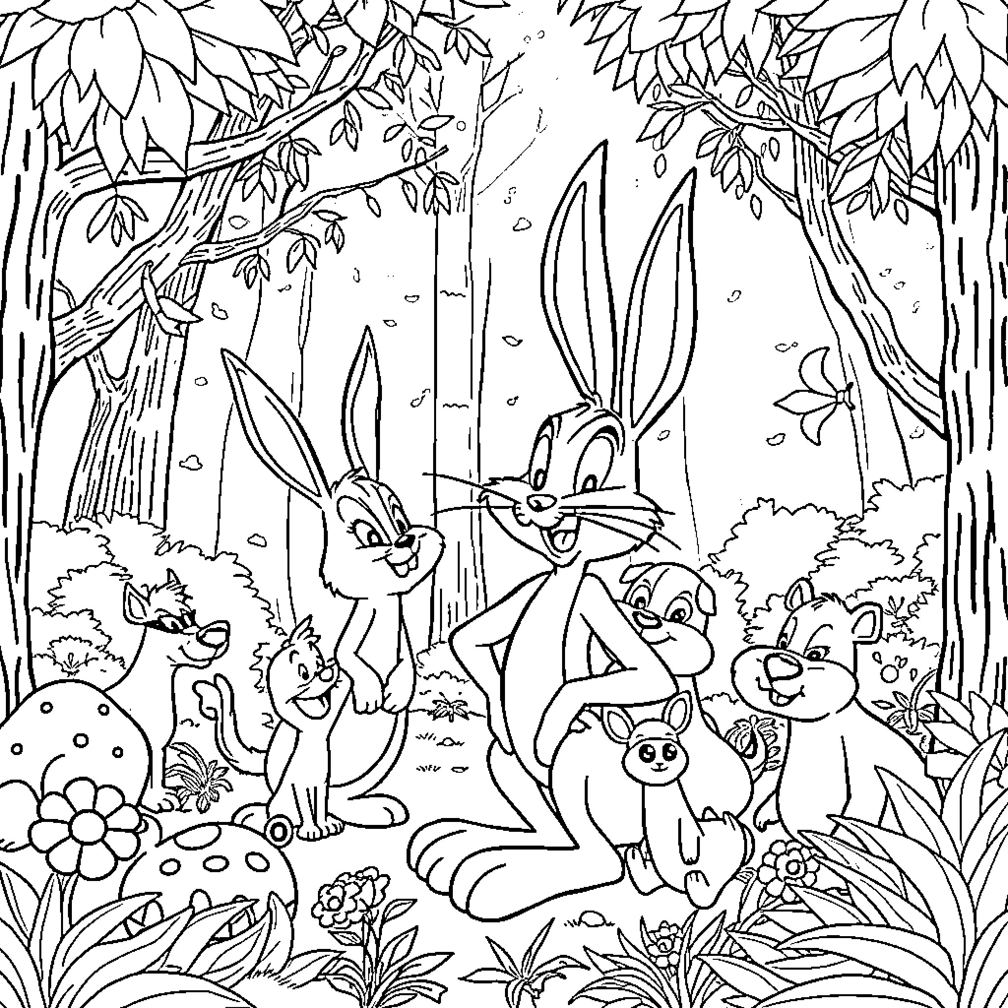 Bugs Bunny and friends in the forest Coloring Page (free black-and-white line drawing printable PDF for all, from beginners to advanced learners, including children, teens, adults, and seniors)