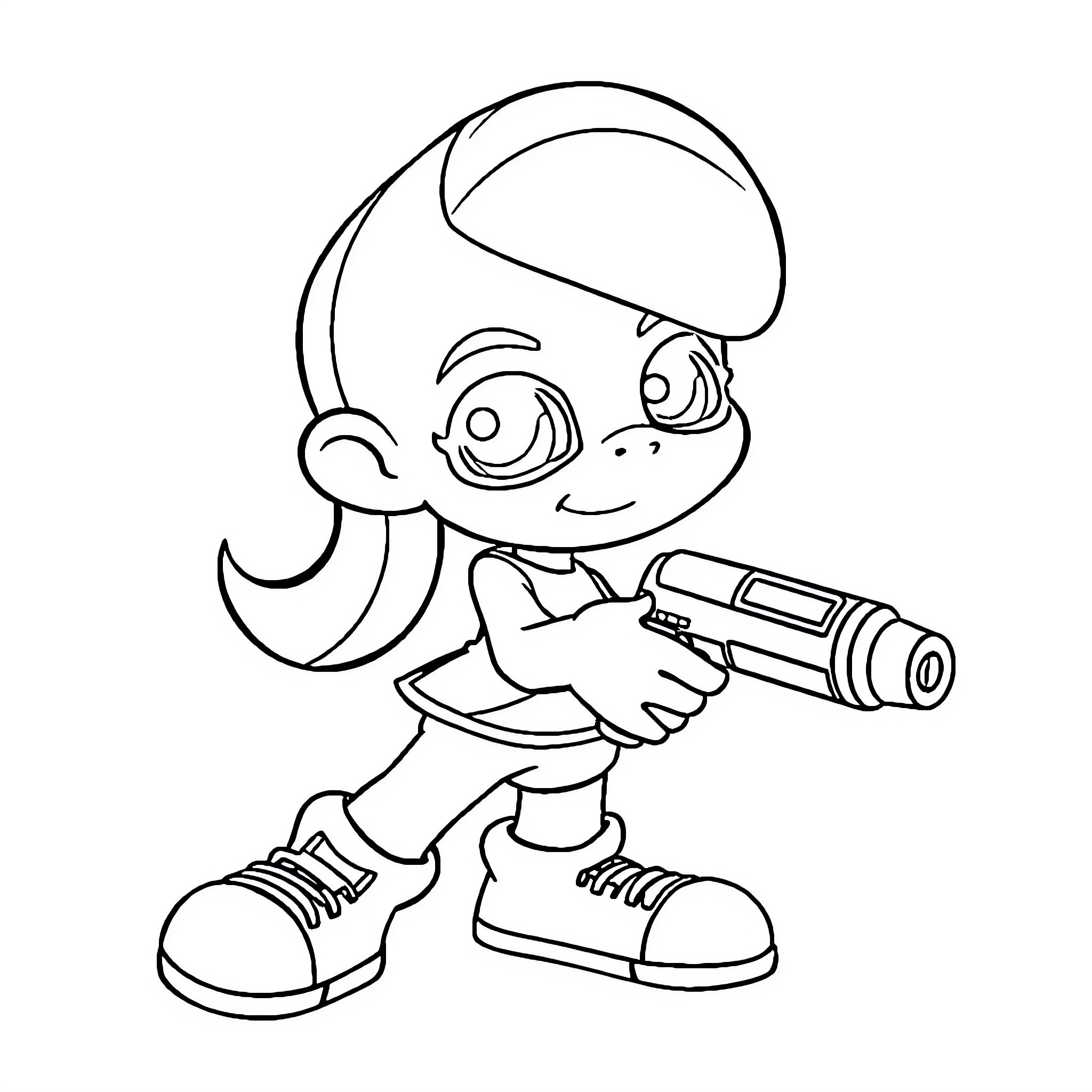 Inkling child playing with squirt gun Coloring Page (free black-and-white line drawing printable PDF for all, from beginners to advanced learners, including children, teens, adults, and seniors)