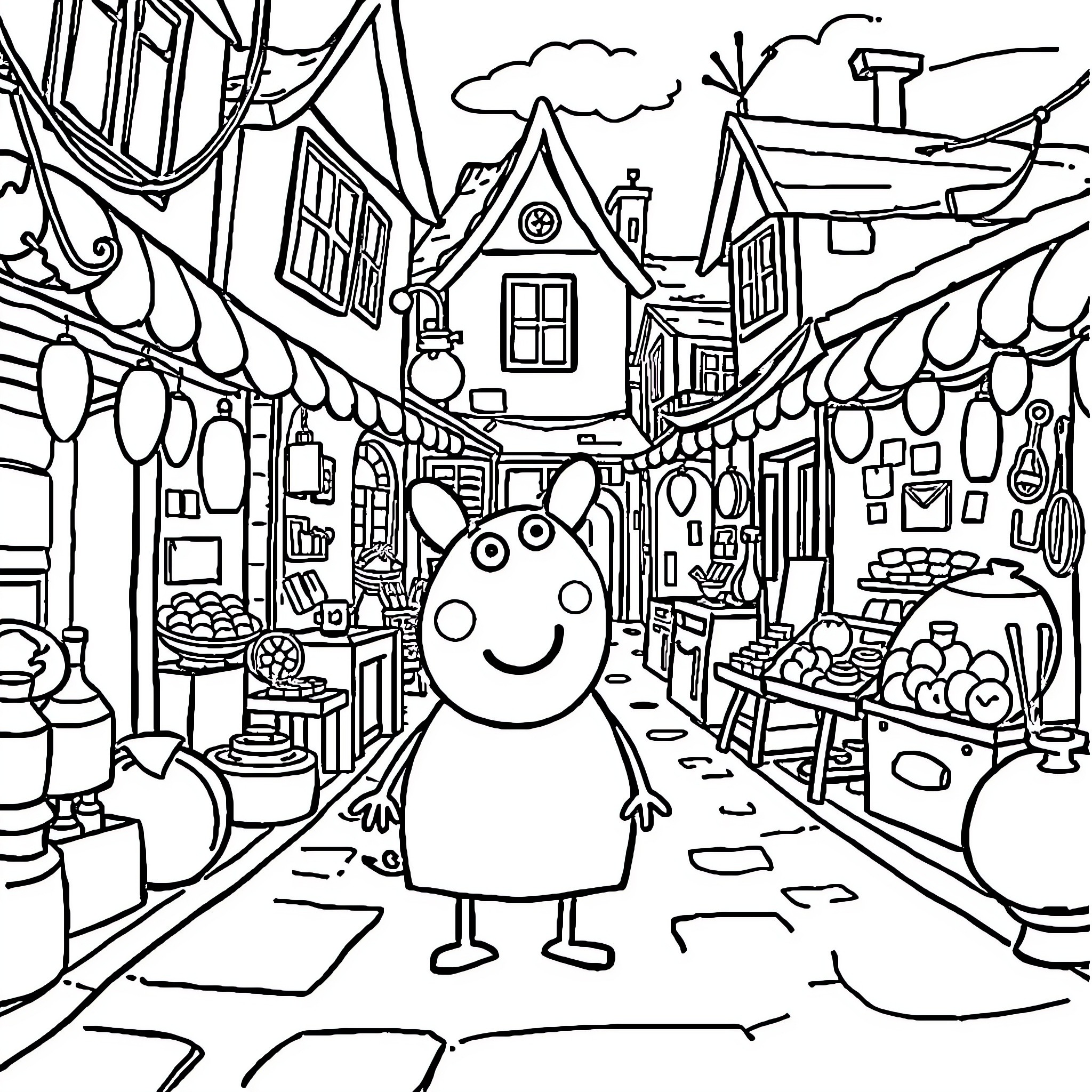 Peppa Pig exploring a whimsical town market Coloring Page (free black-and-white line drawing printable PDF for all, from beginners to advanced learners, including children, teens, adults, and seniors)
